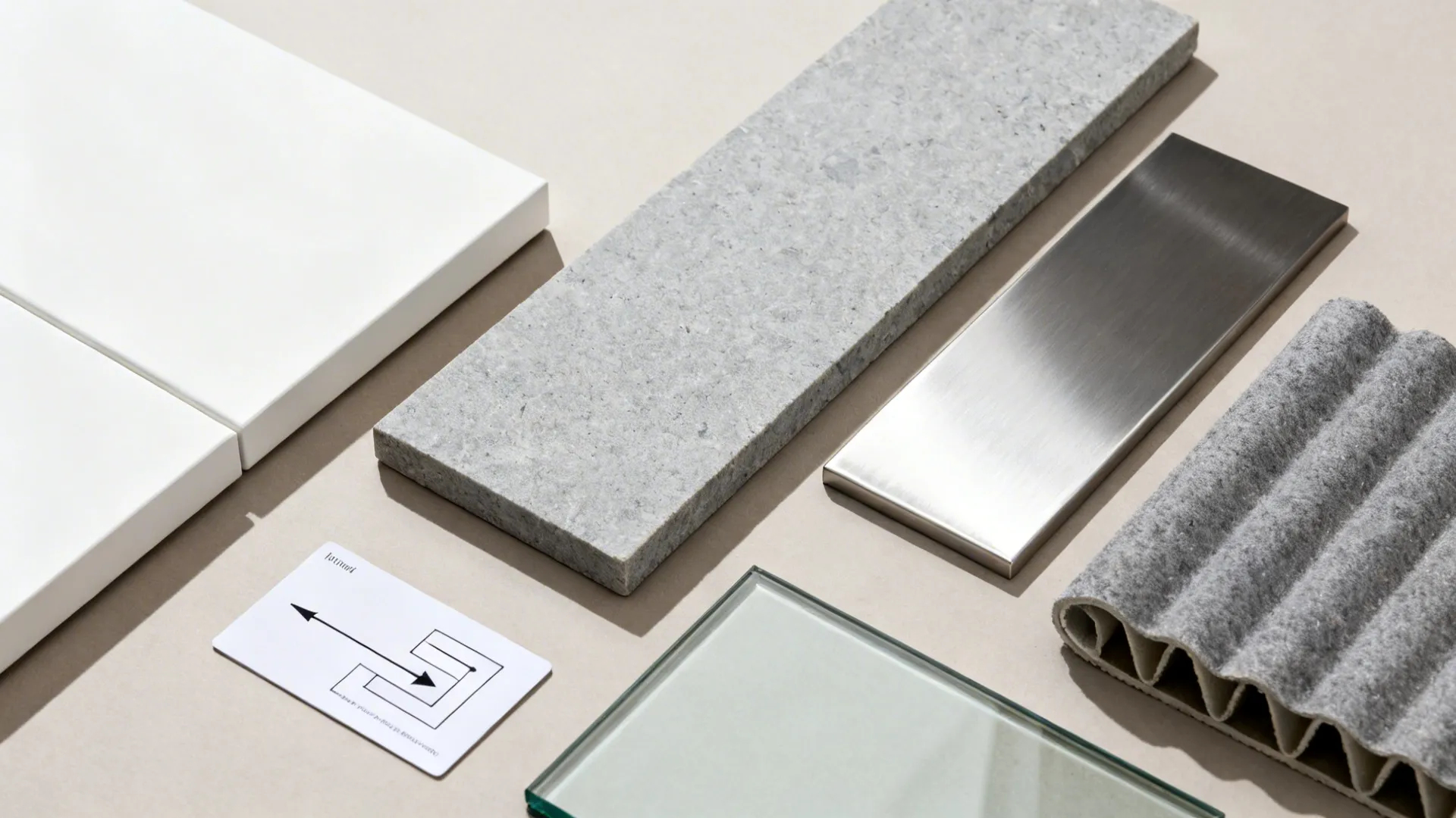 Flat lay of light cabinetry, gray stone, stainless, and low-iron glass with ducting cues.