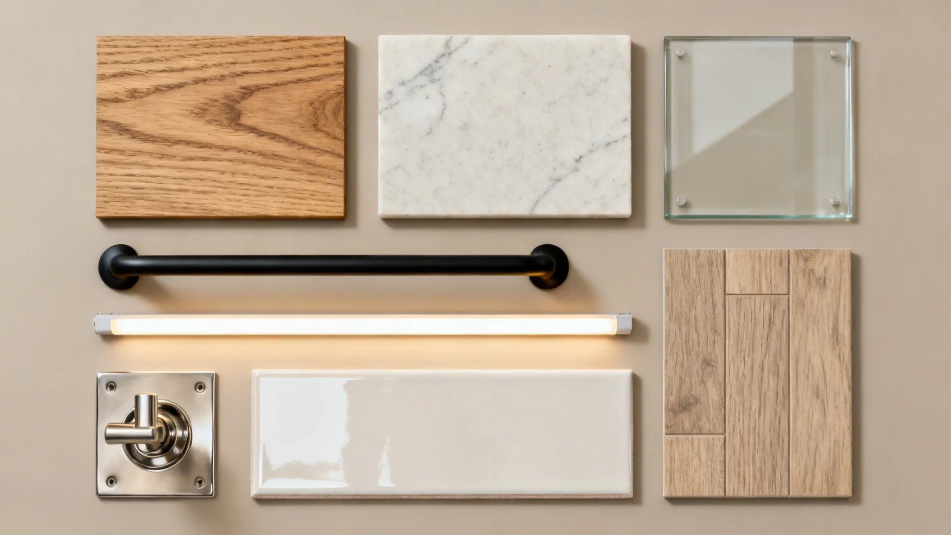 Flat lay of warm wood, pale quartz, low-iron glass, matte black and brushed nickel hardware, and light tiles.