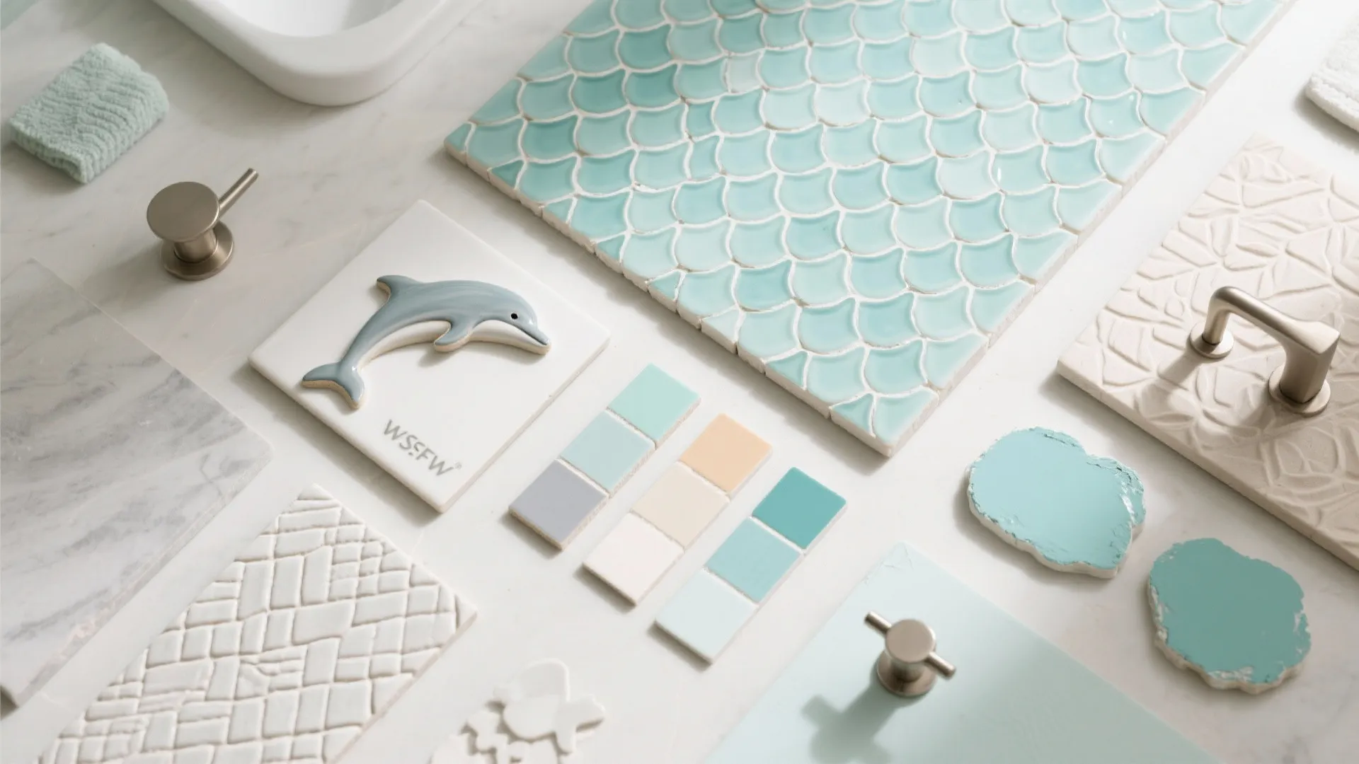 Bathroom design materials flat lay with turquoise tiles dolphin pattern color swatches and metal handles