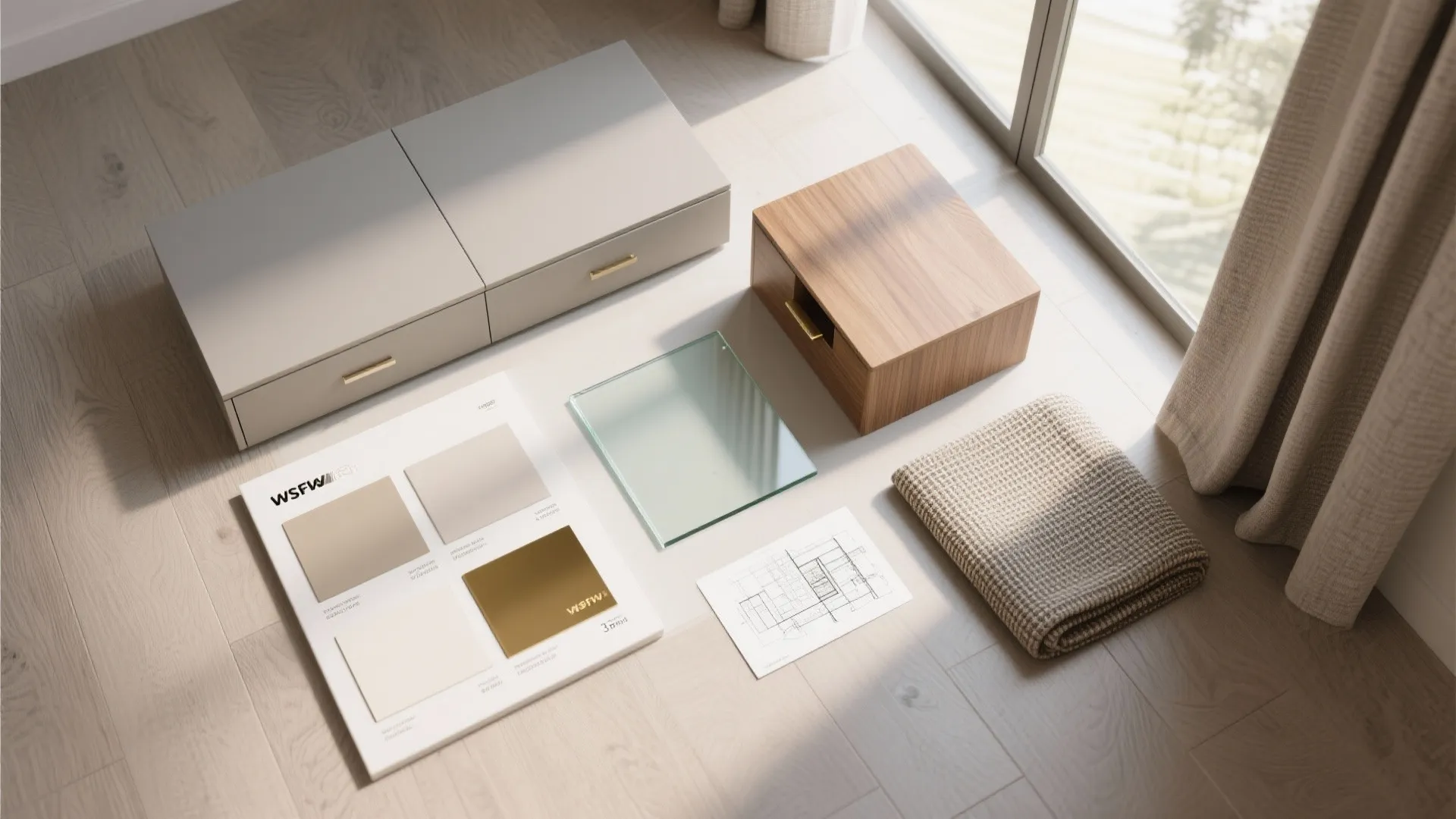 Flat lay of glass, oak, matte cabinetry, brass, flooring, and fabrics for an east-facing home