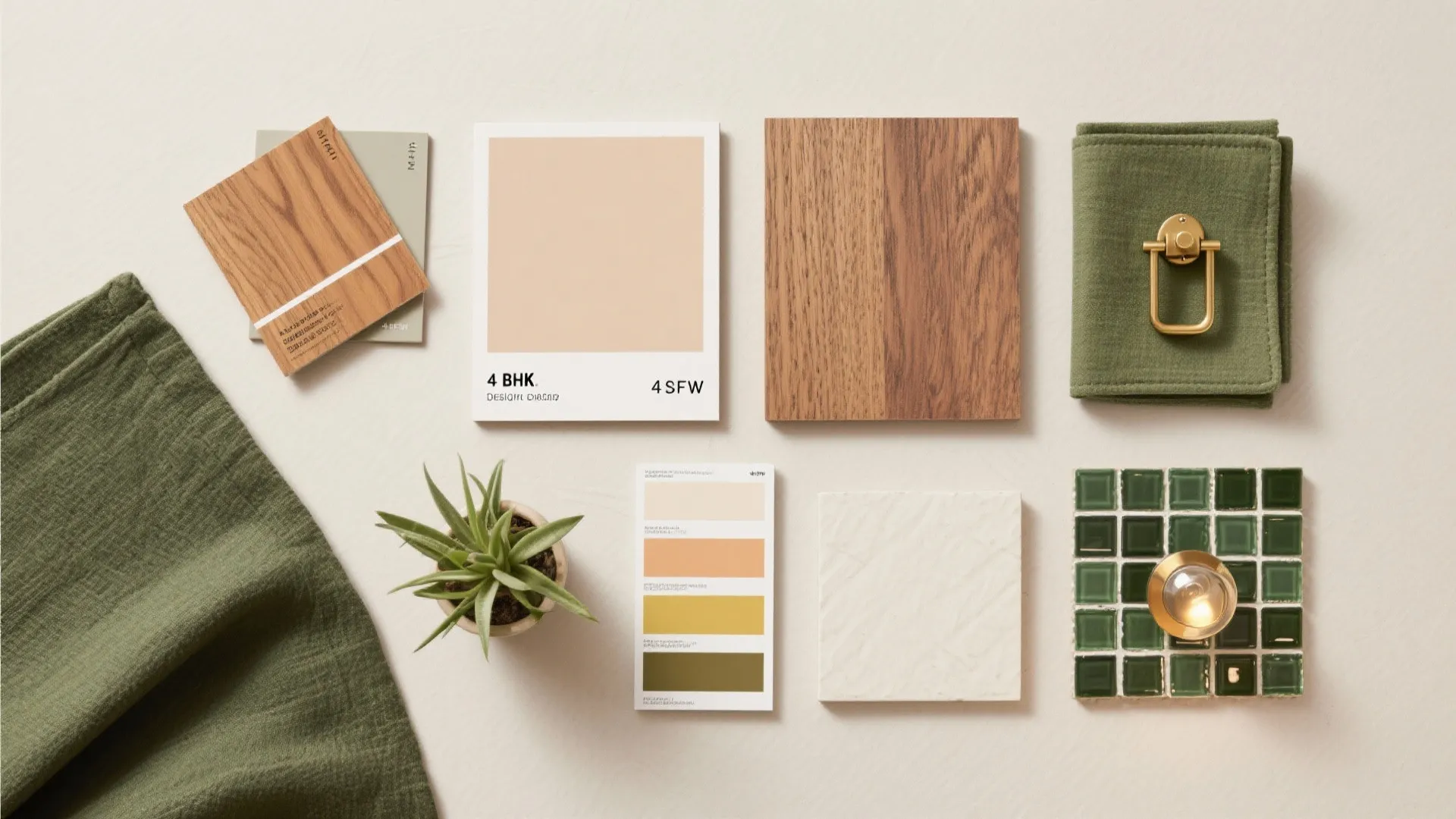 Interior design material board with wood samples, green fabric, color palette, small plant, and tiles