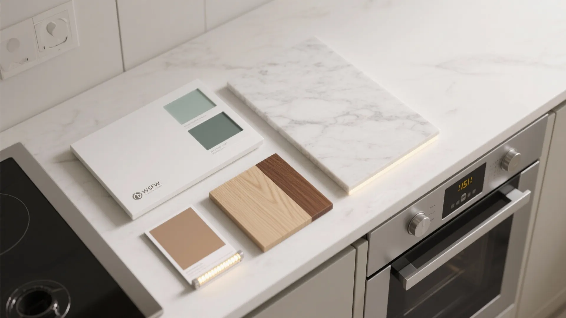 Flat lay of cabinet, glass, quartz, oak, walnut, and LED samples summarizing the small kitchen palette.