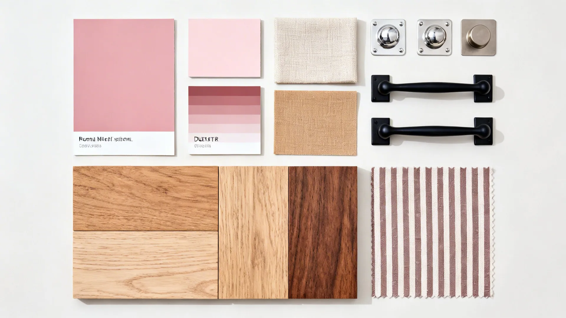 Flat lay of blush paint chips, warm neutral fabrics, wood, cool metals, black hardware, and striped textile.
