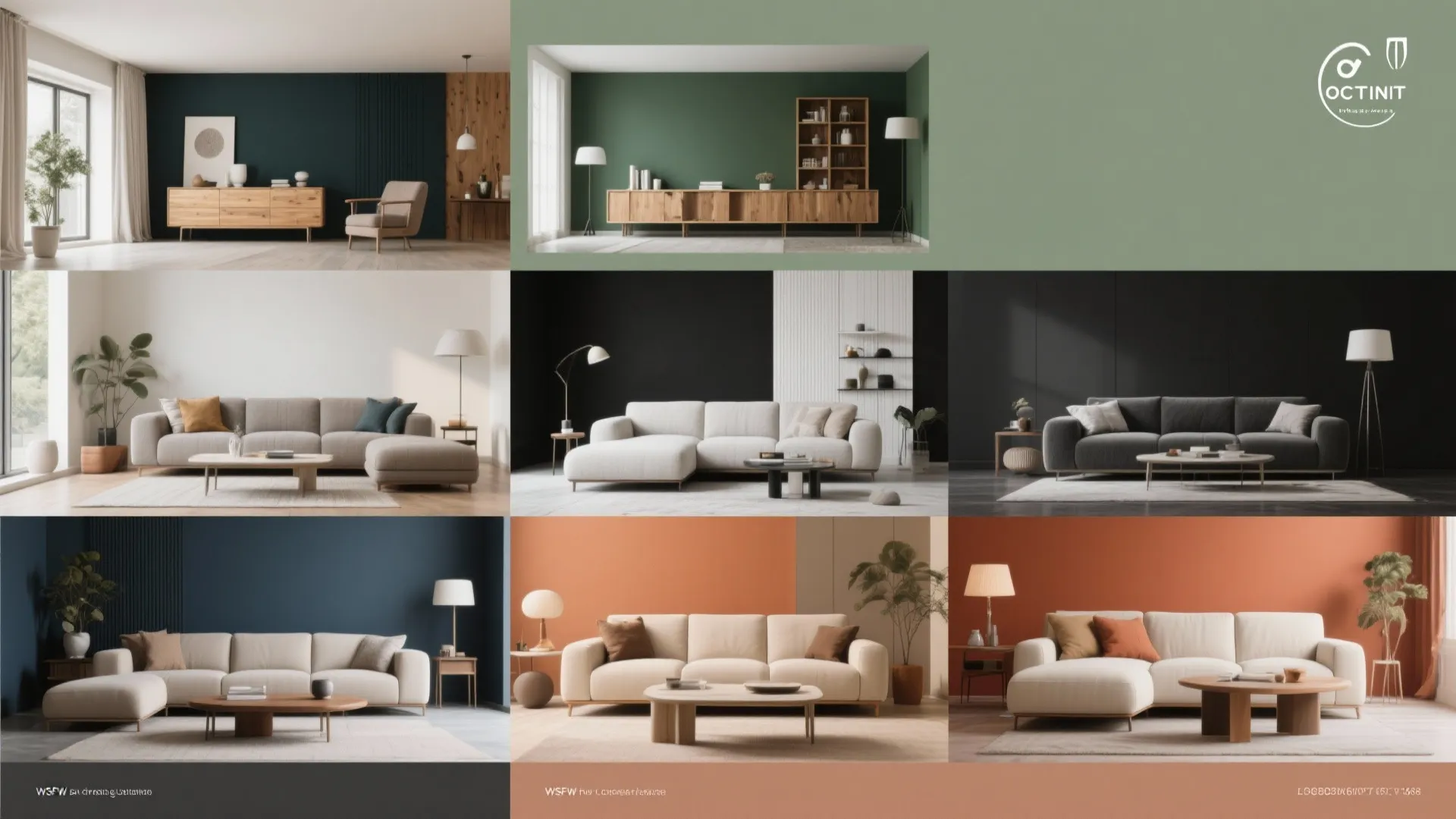 Interior design drawing grid showing different living room color palettes with various sofas and wall colors