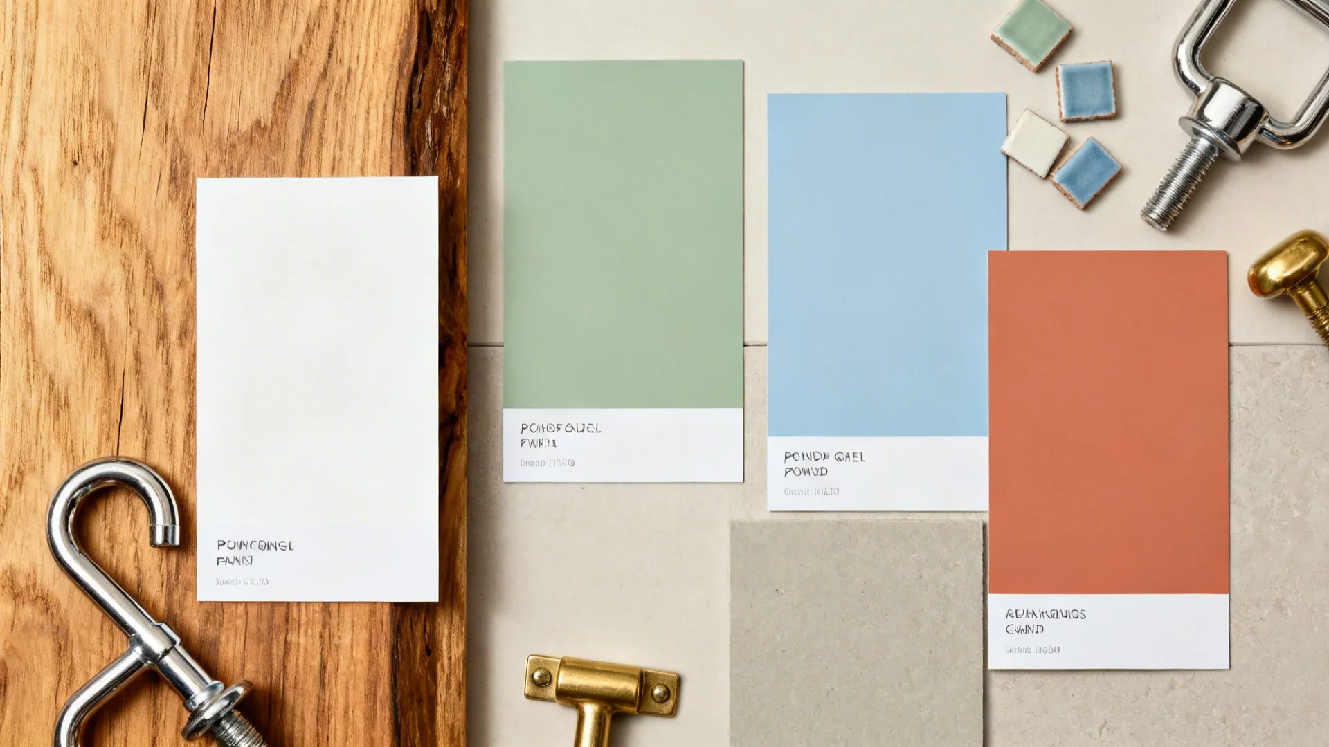 Flat lay of five paint swatches—warm white, sage, blue, greige, terracotta—with materials.