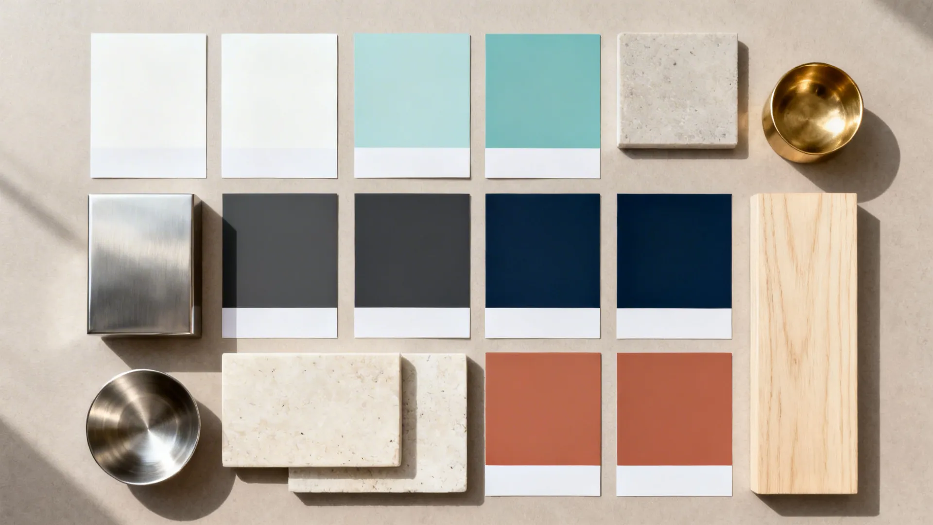 Interior design mood board with color palette cards, marble tiles, wood block, and metal bowl