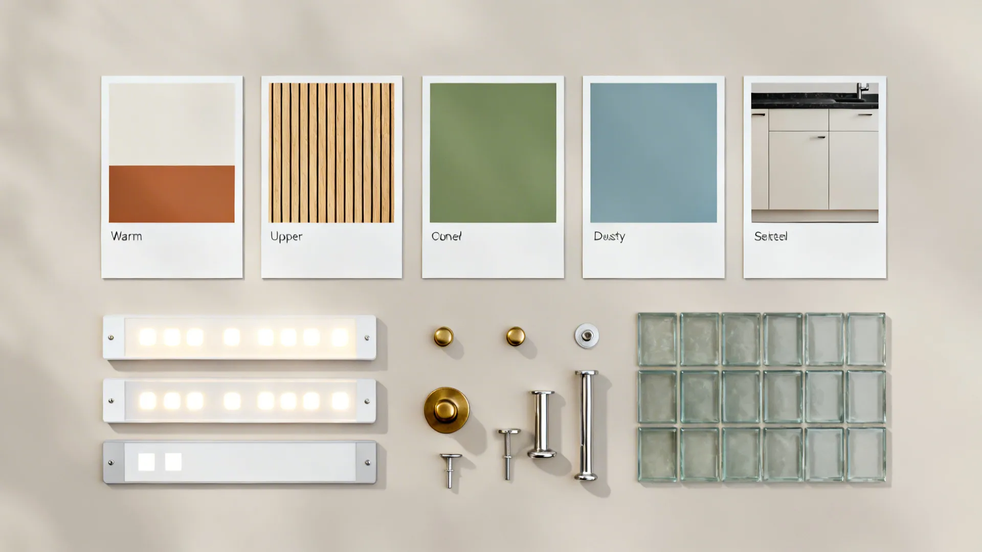 Top-down overview of five small-kitchen palette cards with lighting and hardware samples.
