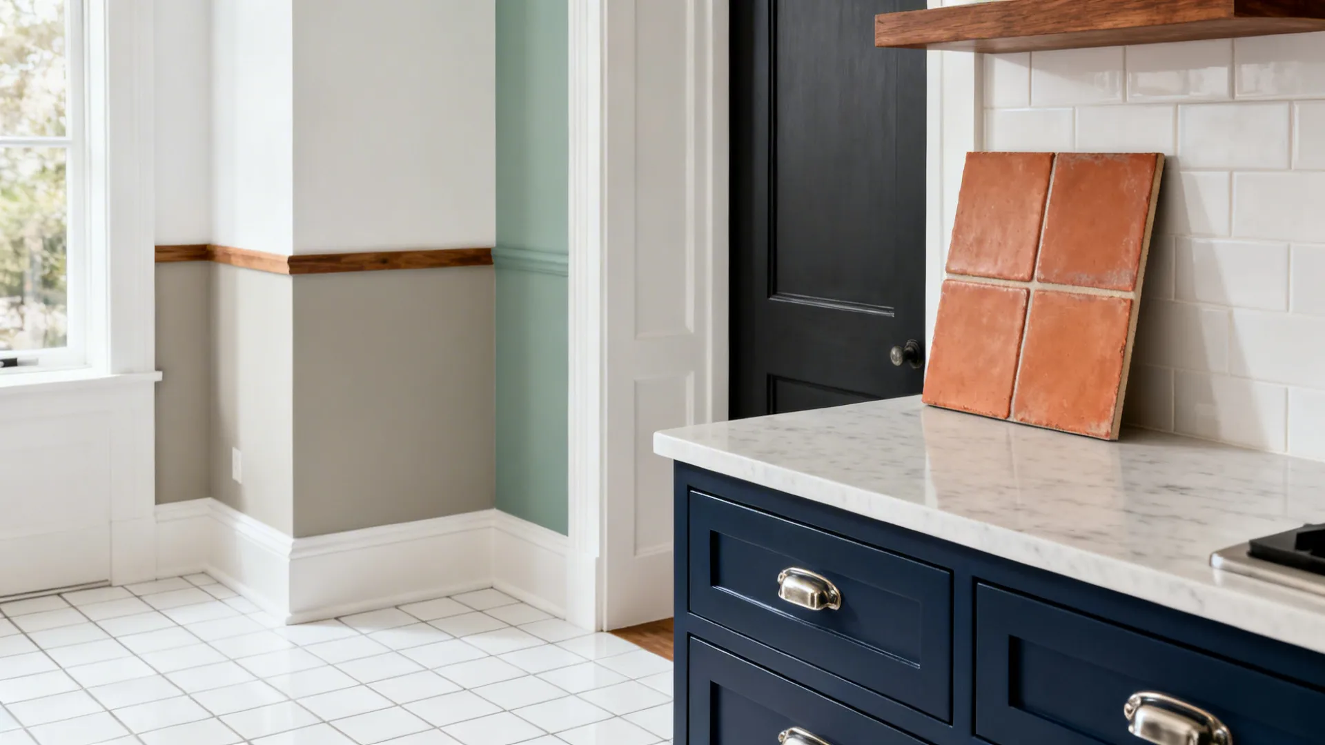 Navy blue kitchen cabinet with marble counter terracotta tiles black door and grey wall panel
