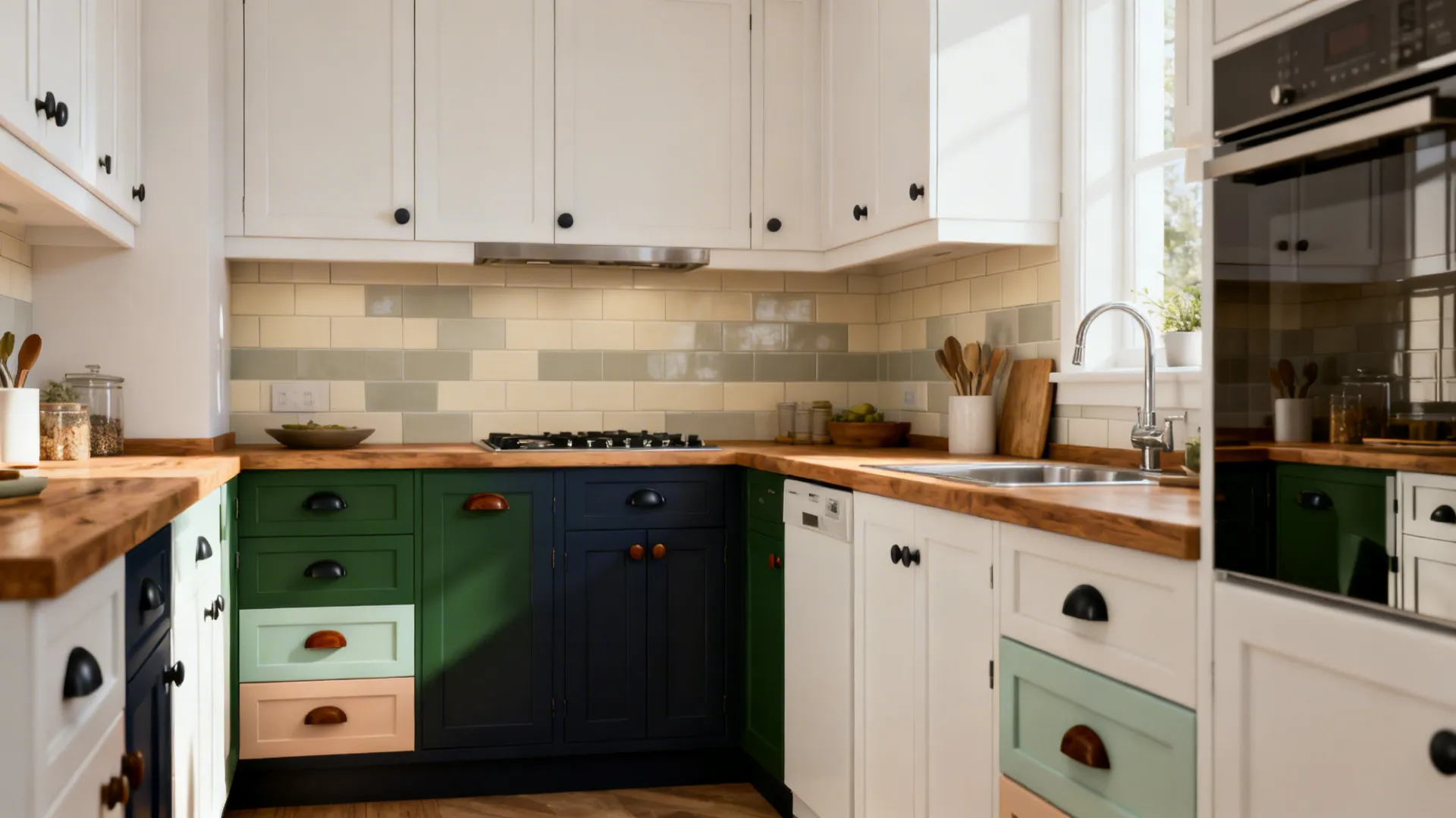 Compact kitchen hero featuring warm white and wood with hints of four other palettes
