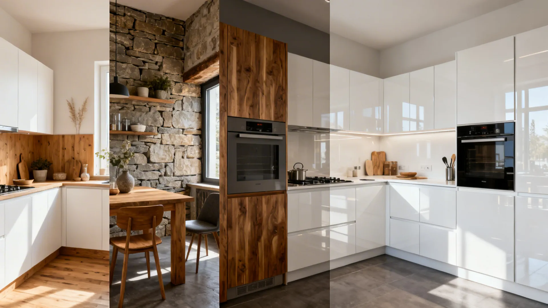 Panoramic scene showcasing five compact European kitchen styles from minimal to gloss and integrated.