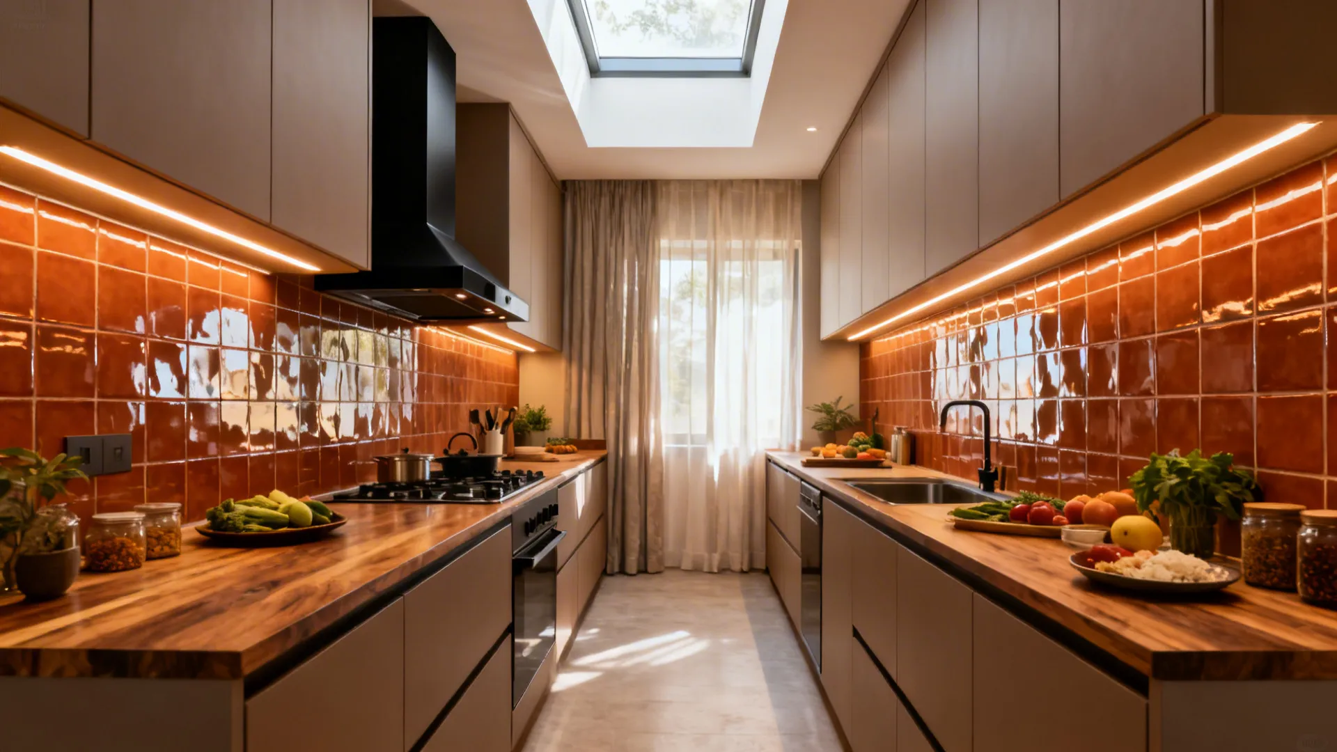 Cohesive parallel kitchen with balanced zones, matte finishes, wood accents, and layered lighting.