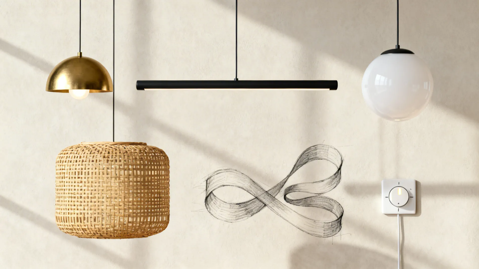 Four different hanging ceiling lights in metal woven and glass styles against a neutral wall