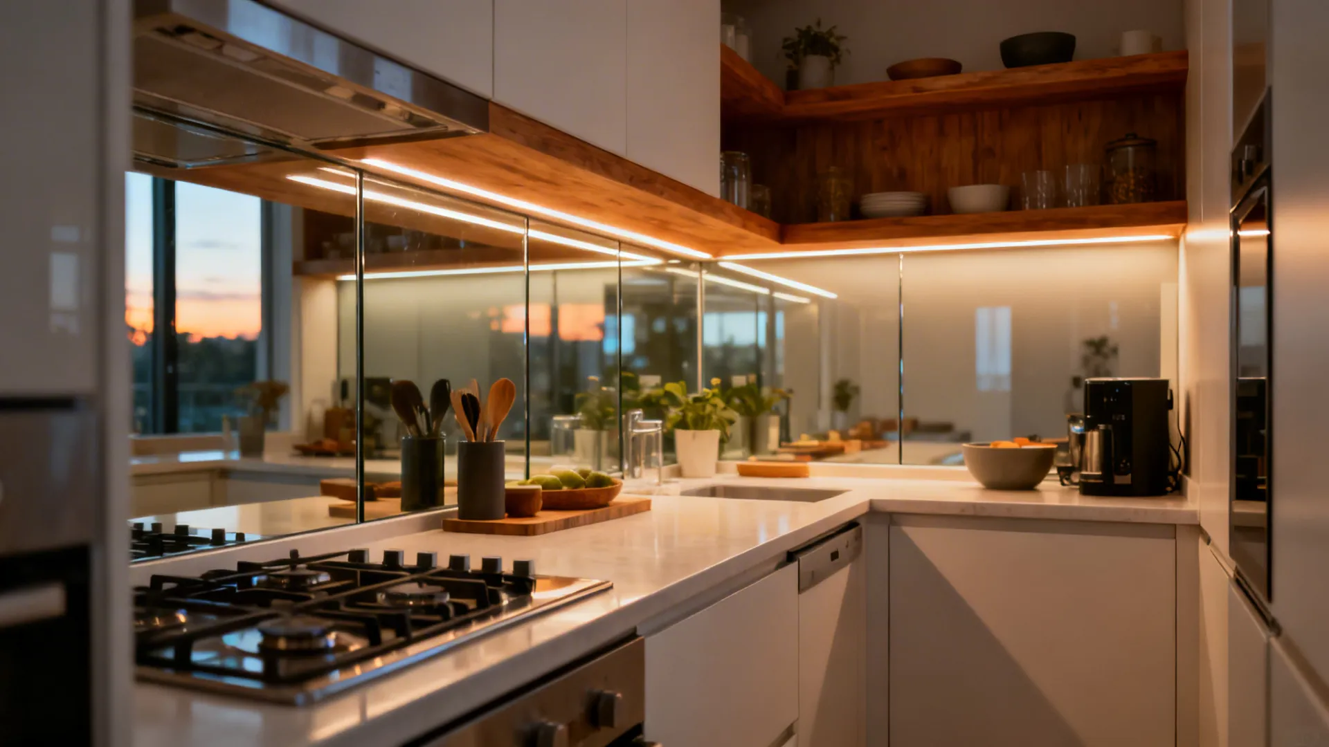 Compact kitchen showcasing layout clarity, glass backsplash, wood accents, and layered lighting.
