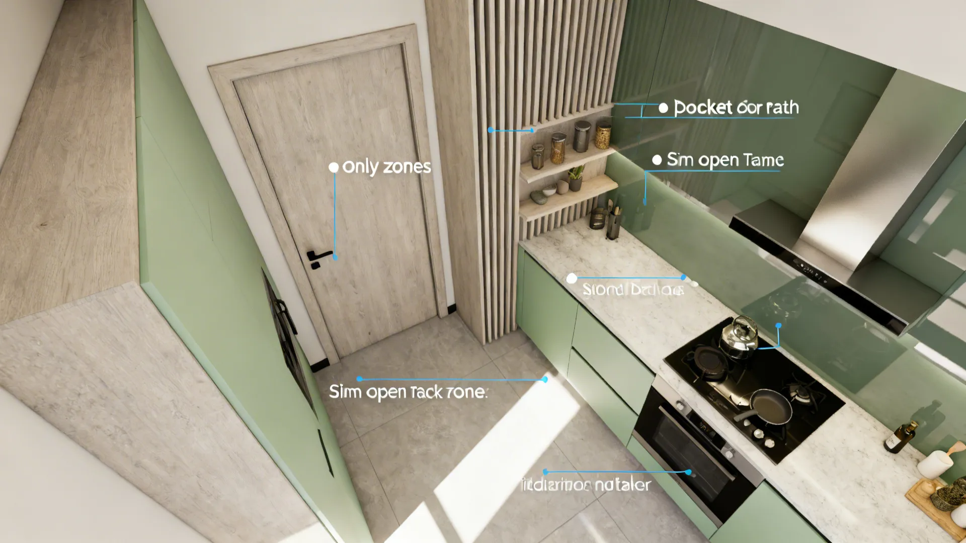 Top-down compact kitchen plan highlighting zones, a pocket door path, open rack, and reflective backsplash.