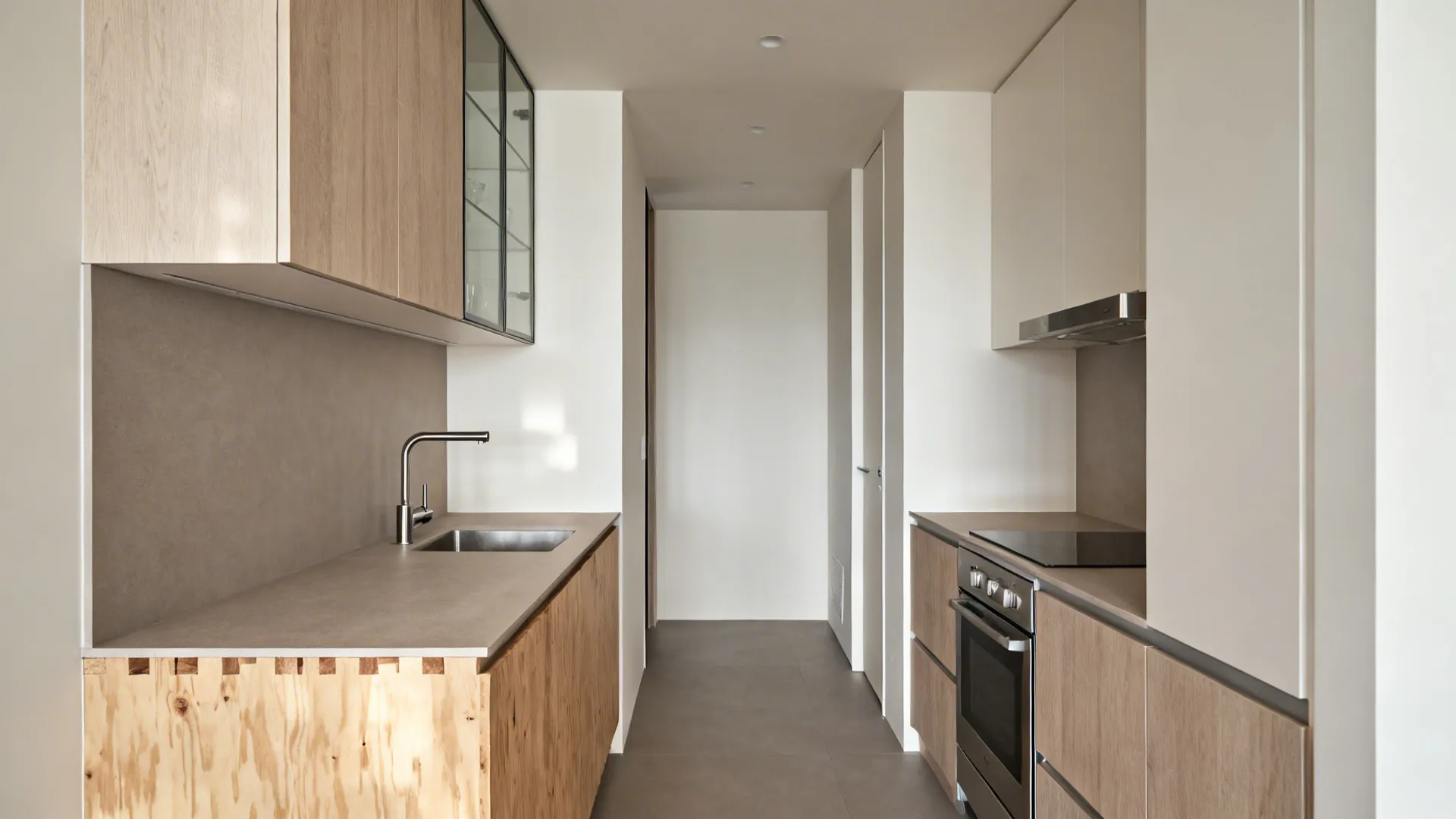 Compact modern kitchen showcasing exposed-edge plywood, veneer uppers, glass accents, and laminate at the sink.