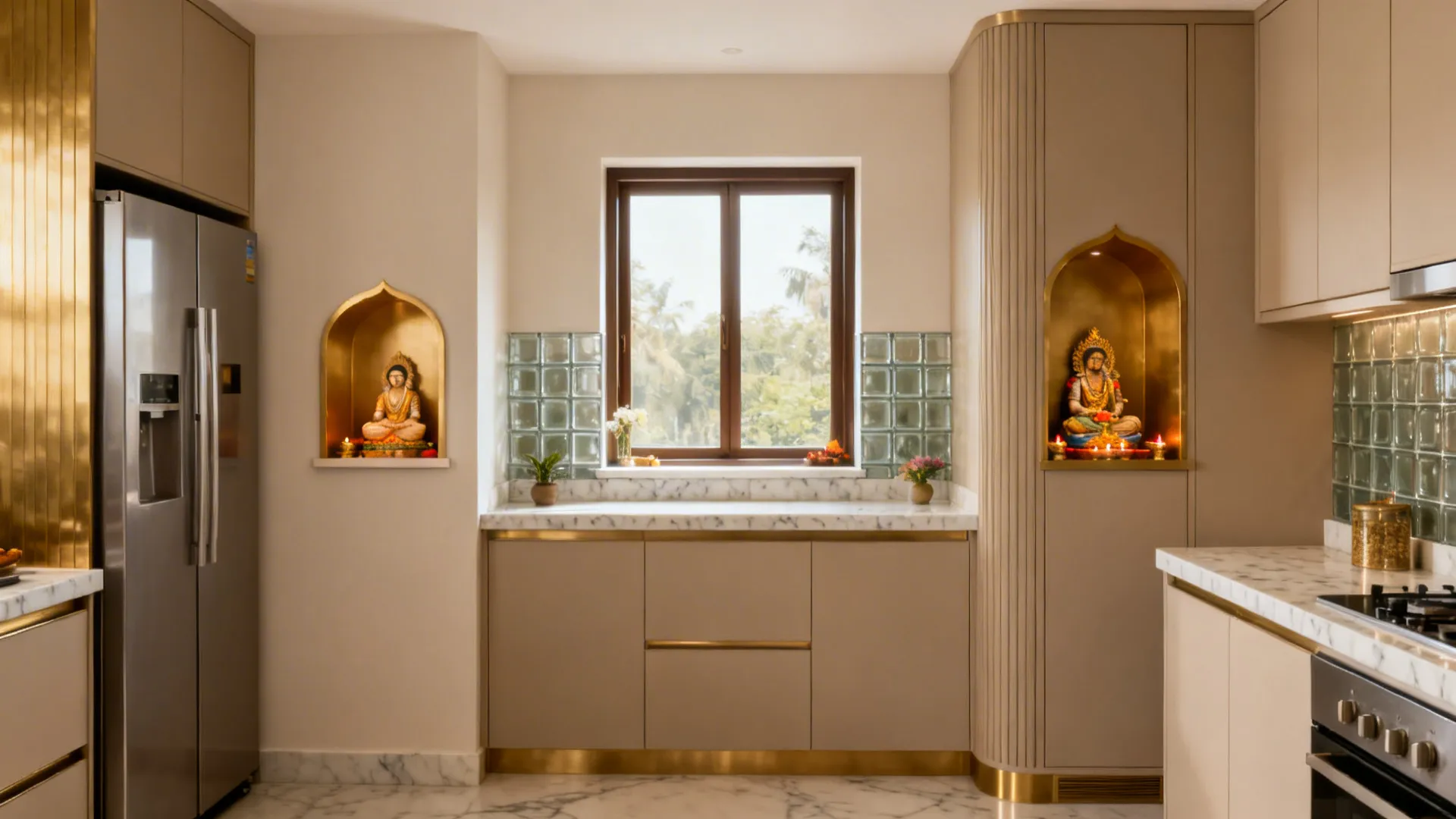 Small modern kitchen showing multiple integrated pooja solutions in a warm neutral palette.
