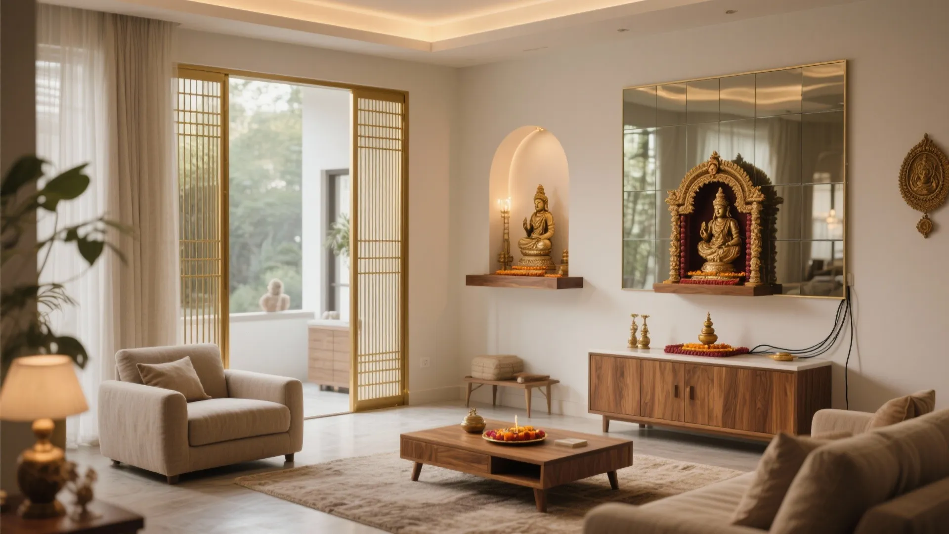 Cohesive living room with integrated pooja corner featuring niche, screens, floating cabinet, and warm earthy tones.