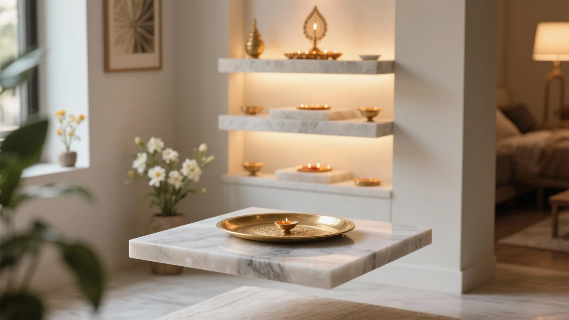 Serene compact pooja vignette with floating slab, brass plate, and warm lighting.