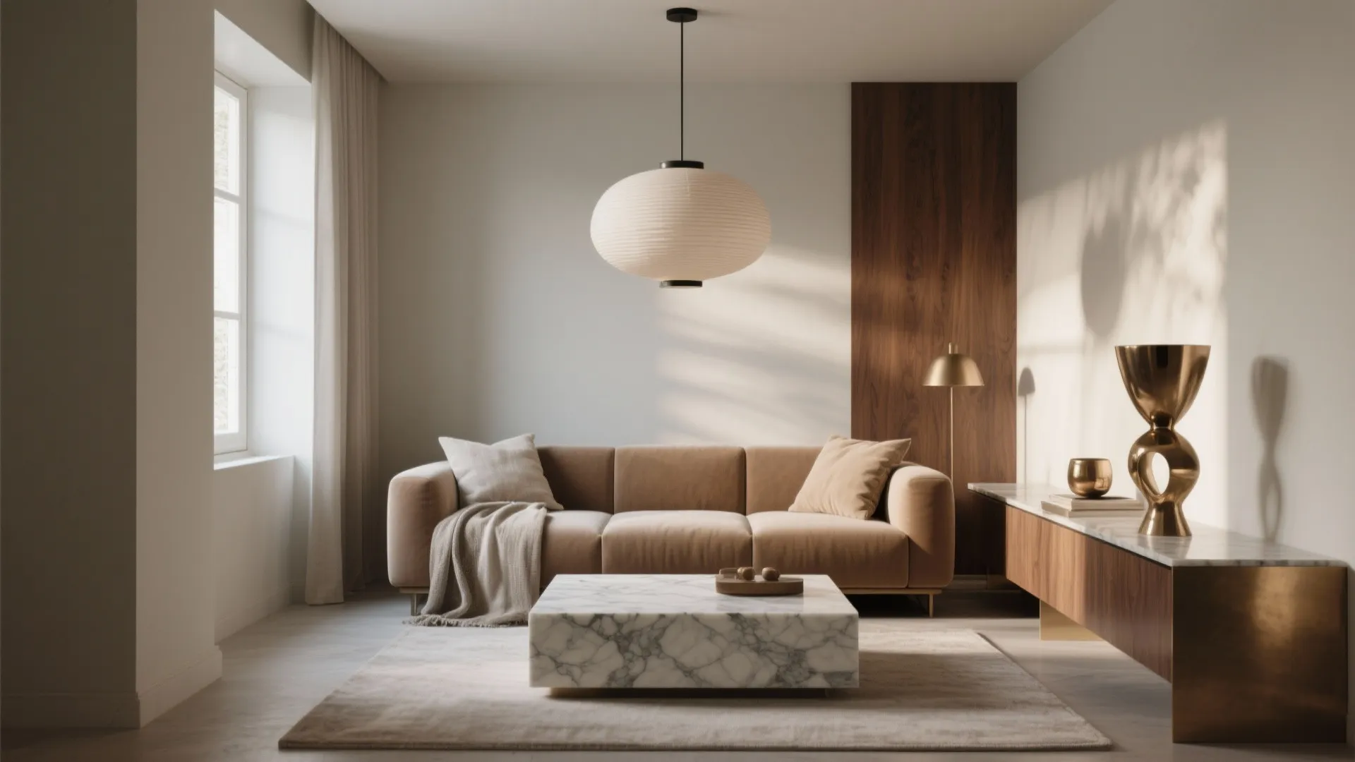 Small living room with one foundation seat, sculptural light, layered textiles, and a refined material trio.