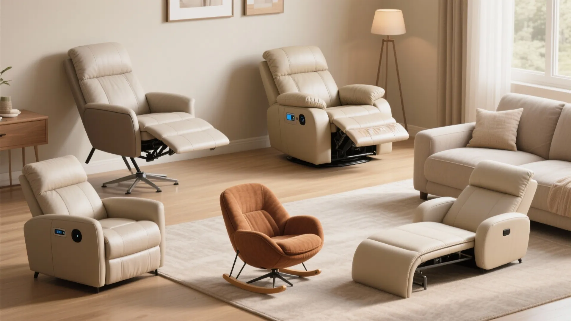 Editorial set showing five compact recliner styles in warm neutral small-space settings.