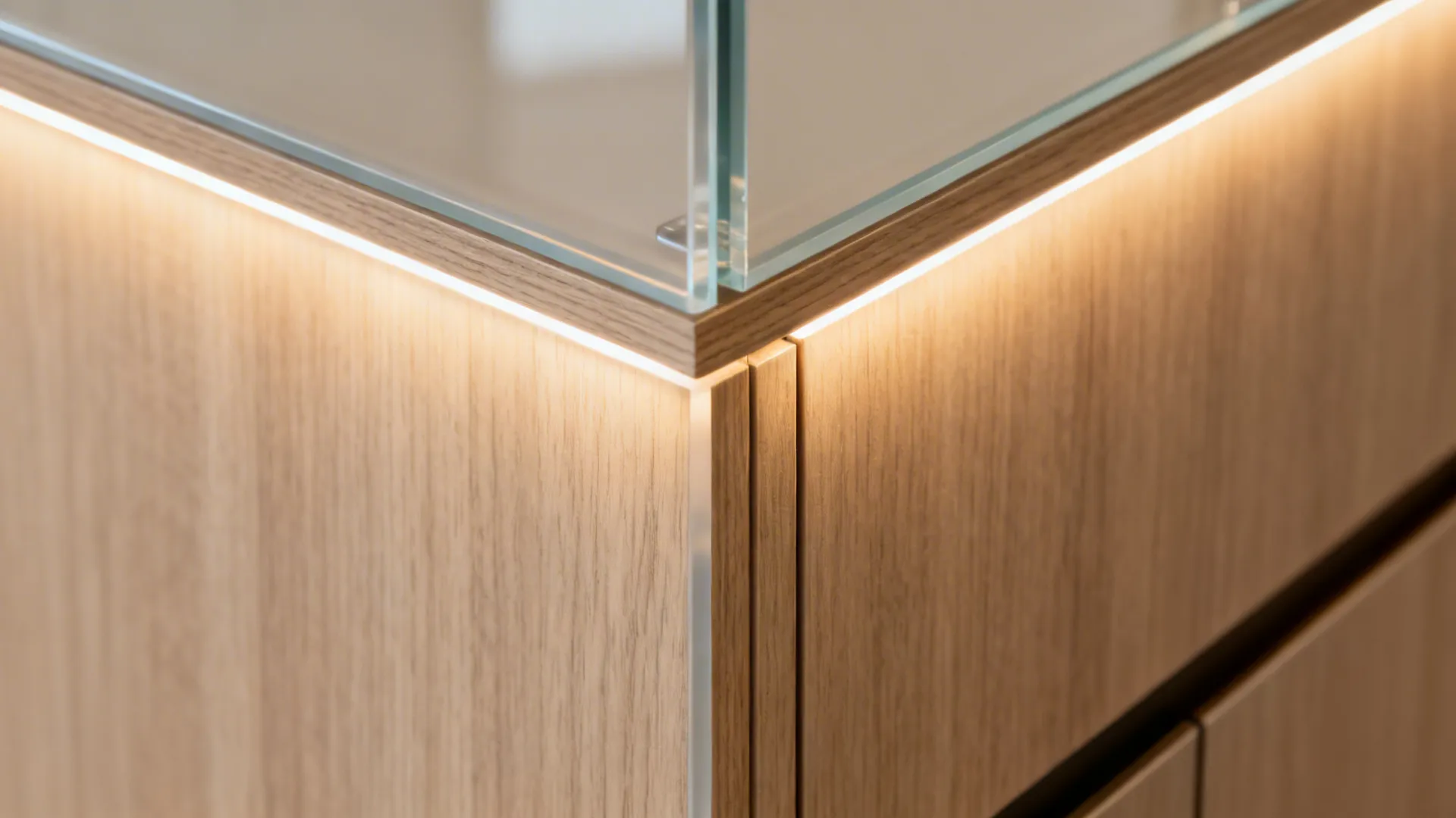 Macro view of acrylic door meeting wood panel with seamless edges and precise reveals.