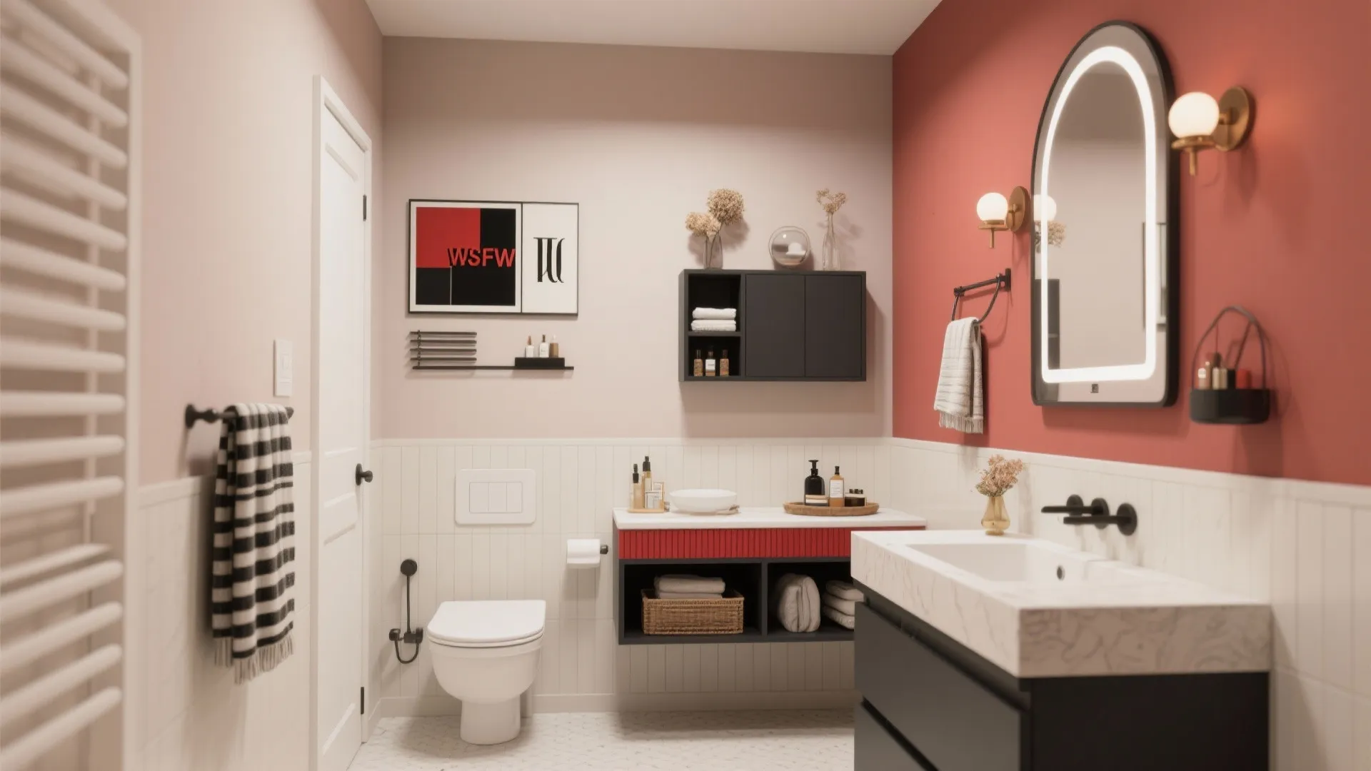 Modern bathroom with red wall light fixture mirror white toilet black cabinet and wall panel