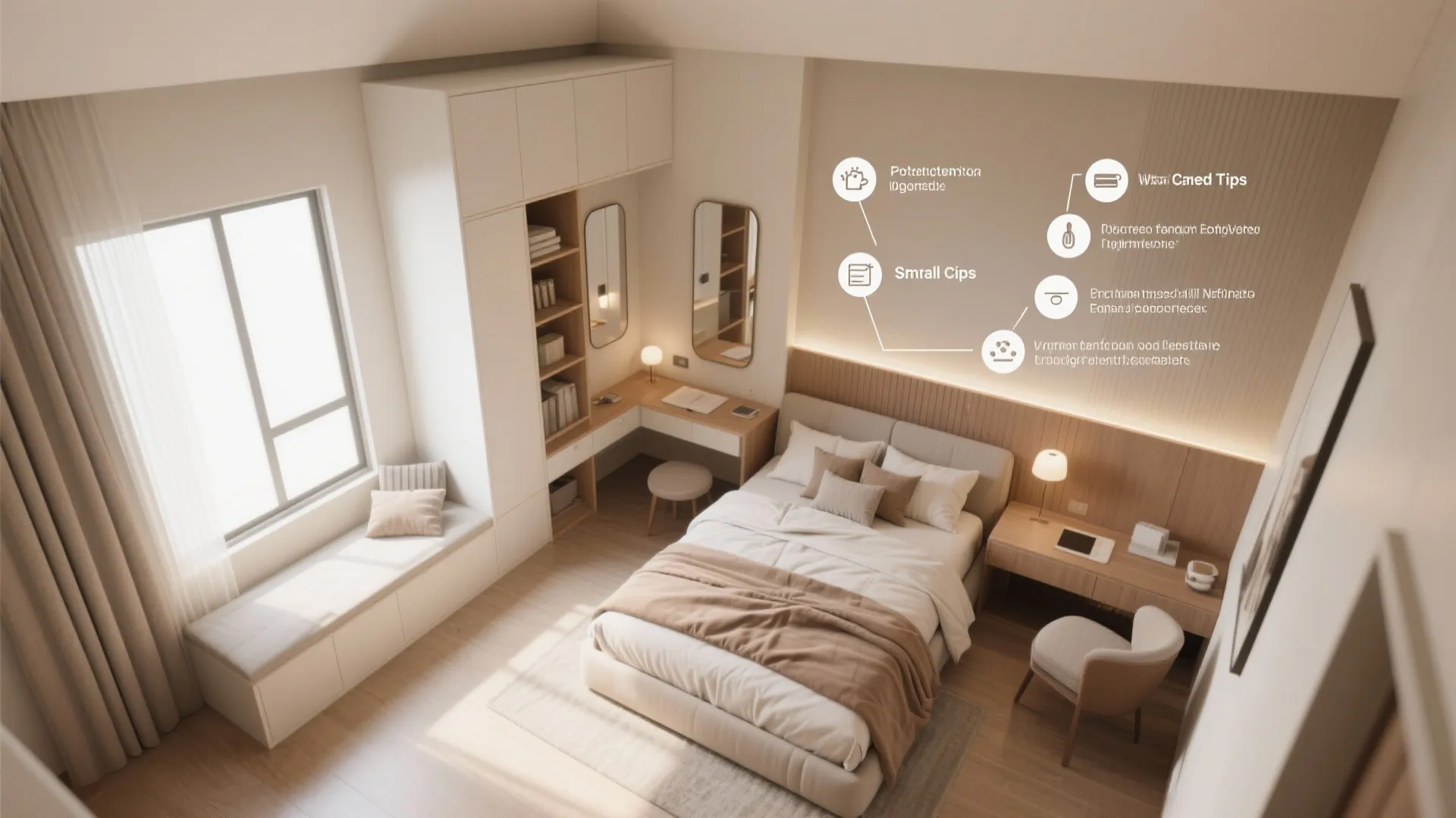 Modern beige bedroom interior design showing bed desk chair window seat and white storage cabinet