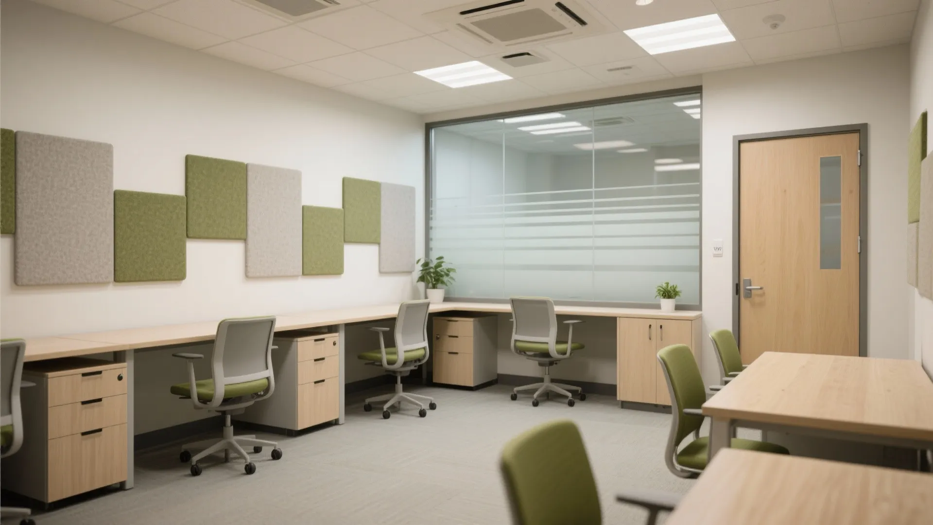 Office workspace featuring green chairs wooden desks wall panels glass partition and bright ceiling lights