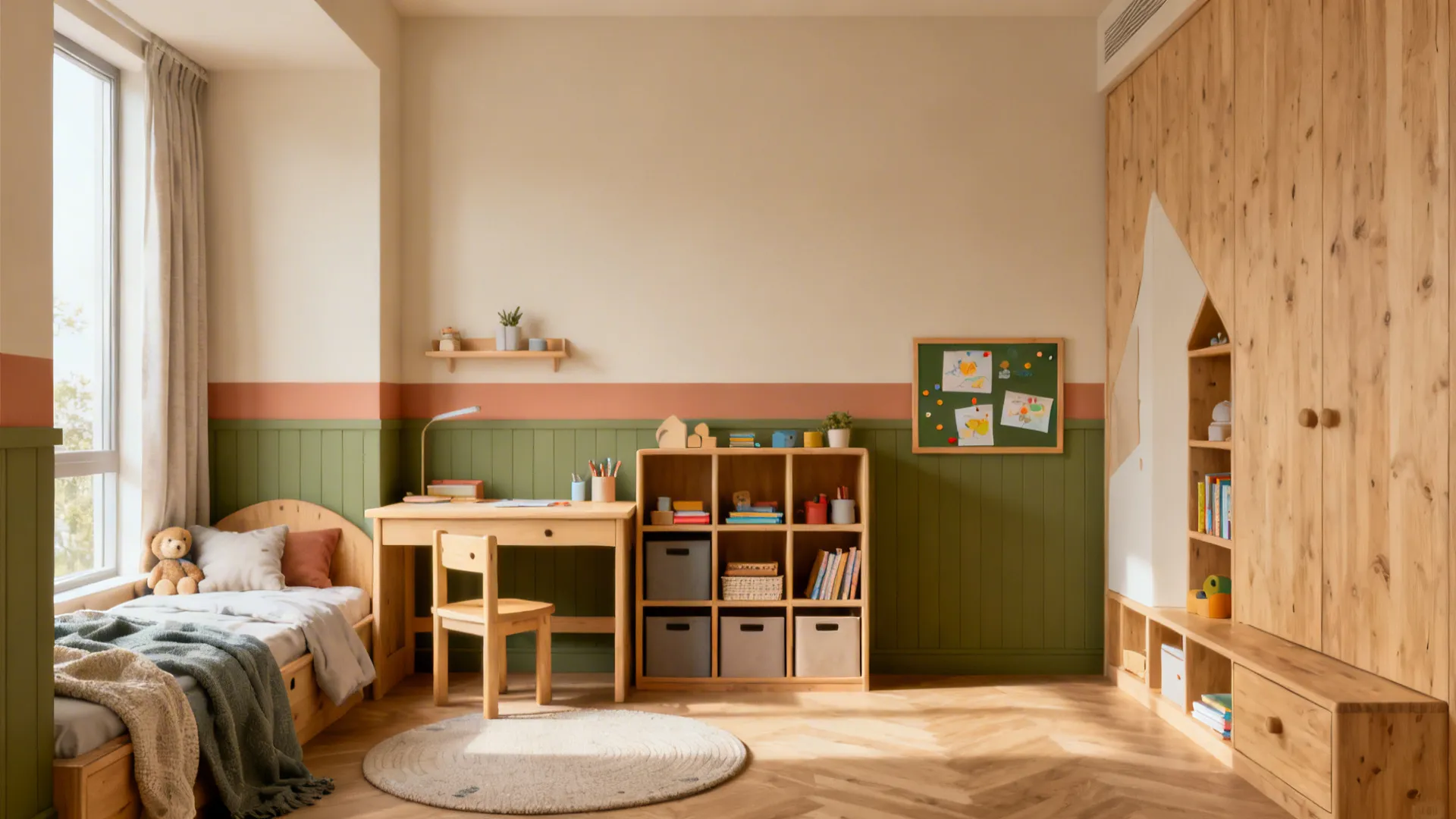 Kids’ room with neutral walls, color-banded desk area, green dado storage wall, and a small magnetic art panel.