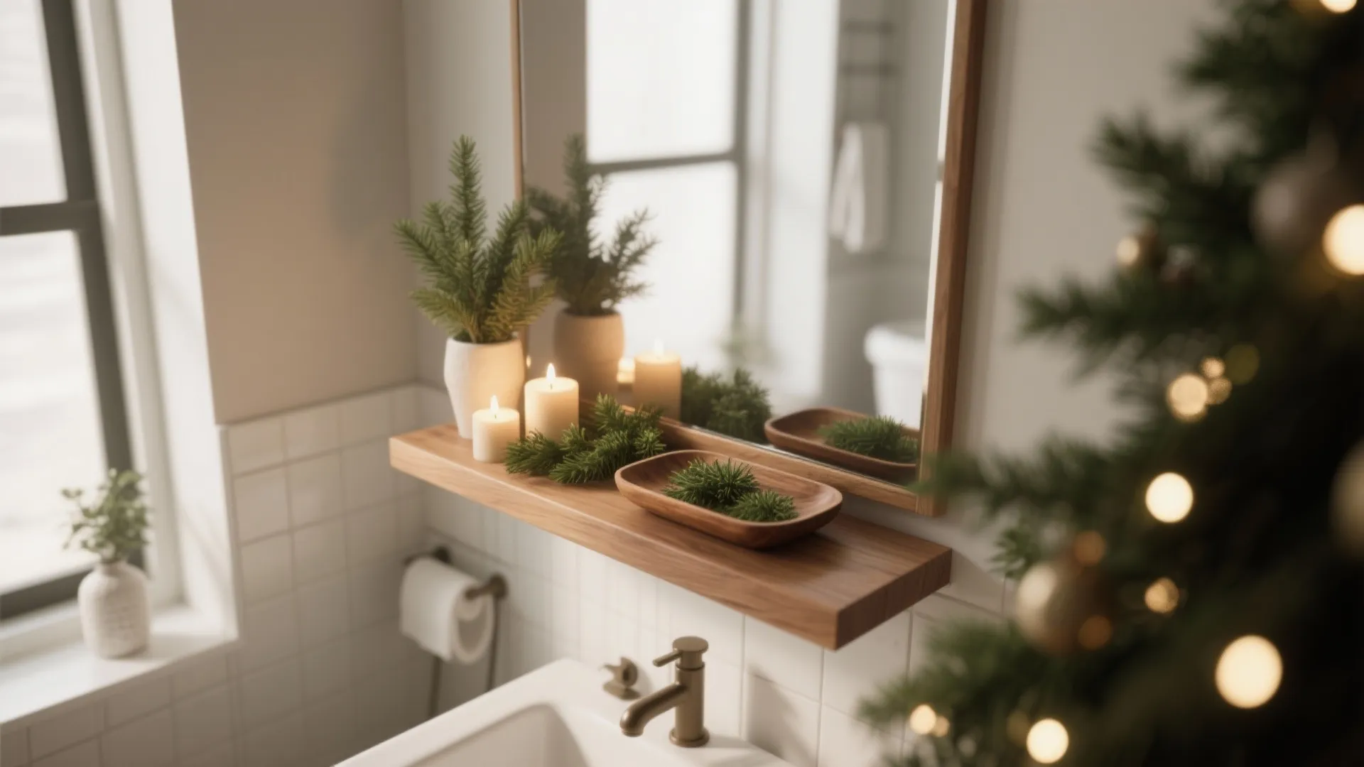 Focused holiday vignette in a small bathroom combining lights, greenery and a wooden accent reflected in a mirror.