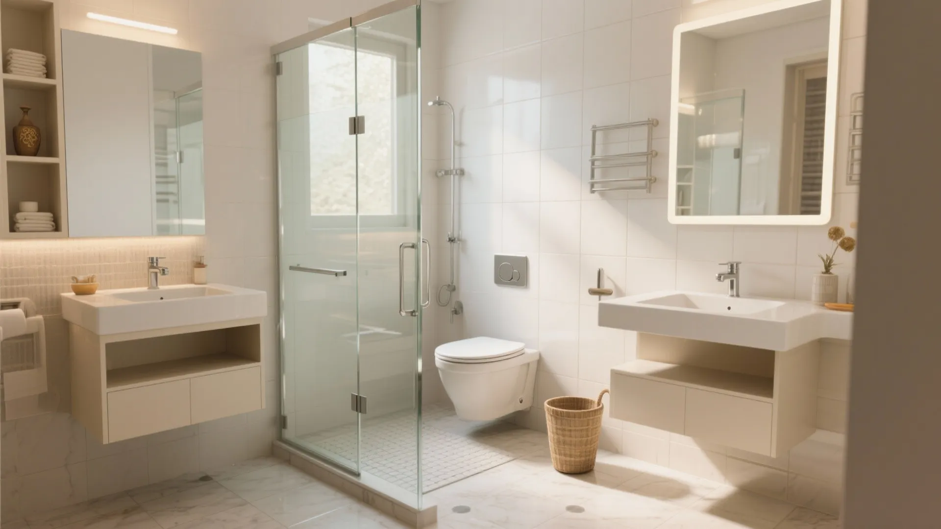 Modern white bathroom with double sinks glass shower door toilet woven basket and large lighted mirror