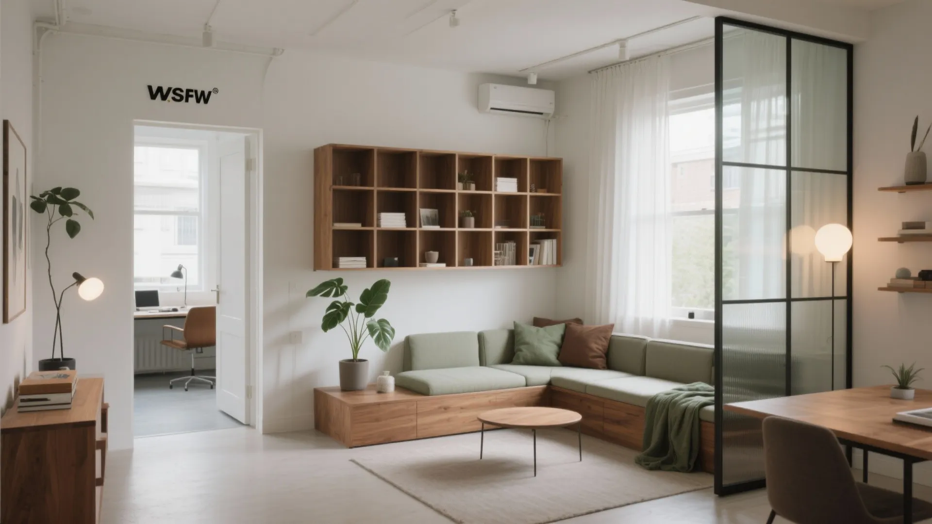 Modern living room with green corner sofa wooden bookshelf glass room divider and round coffee table