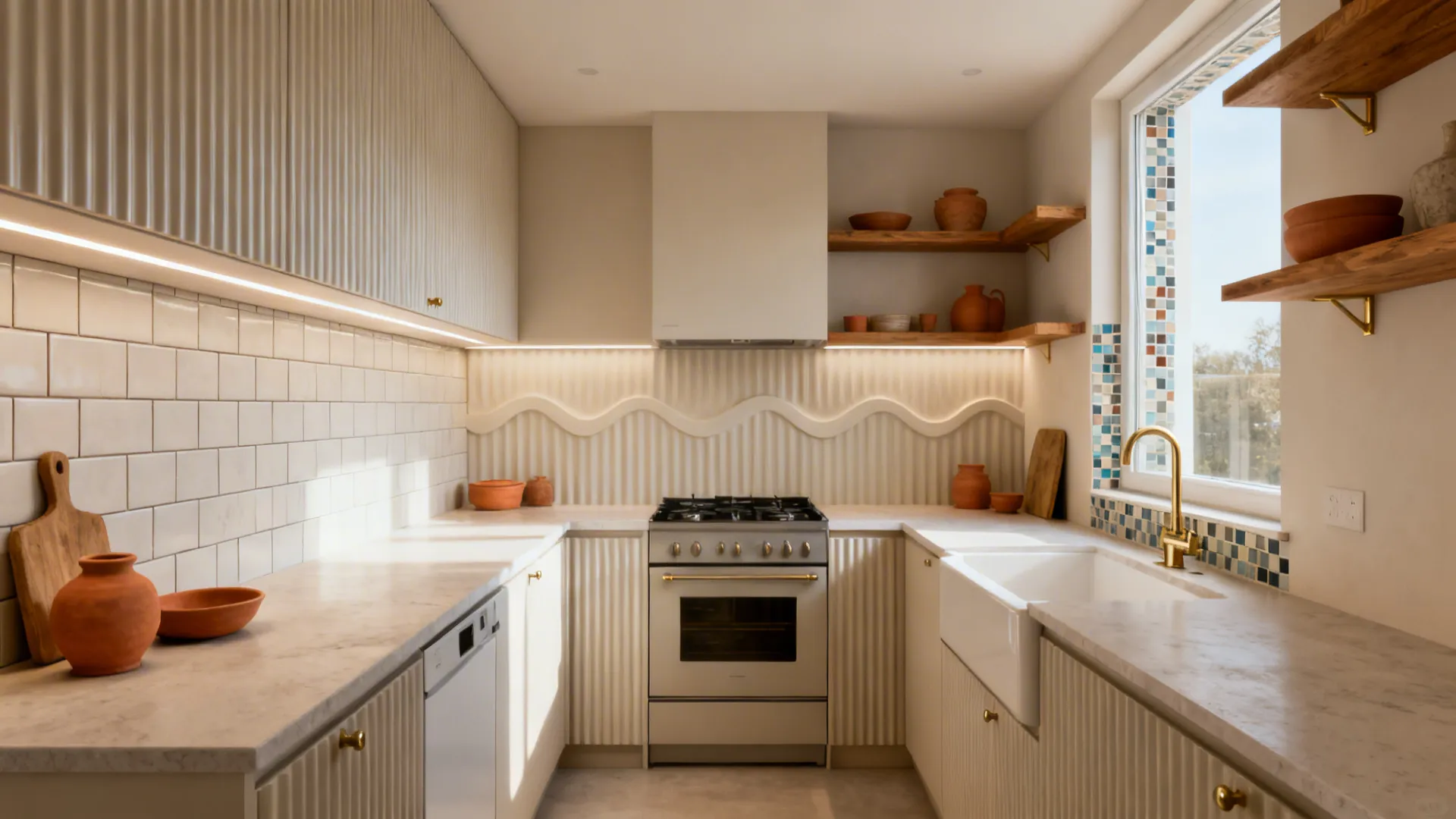 L-shaped small kitchen combining varied 3D textures in warm neutrals.