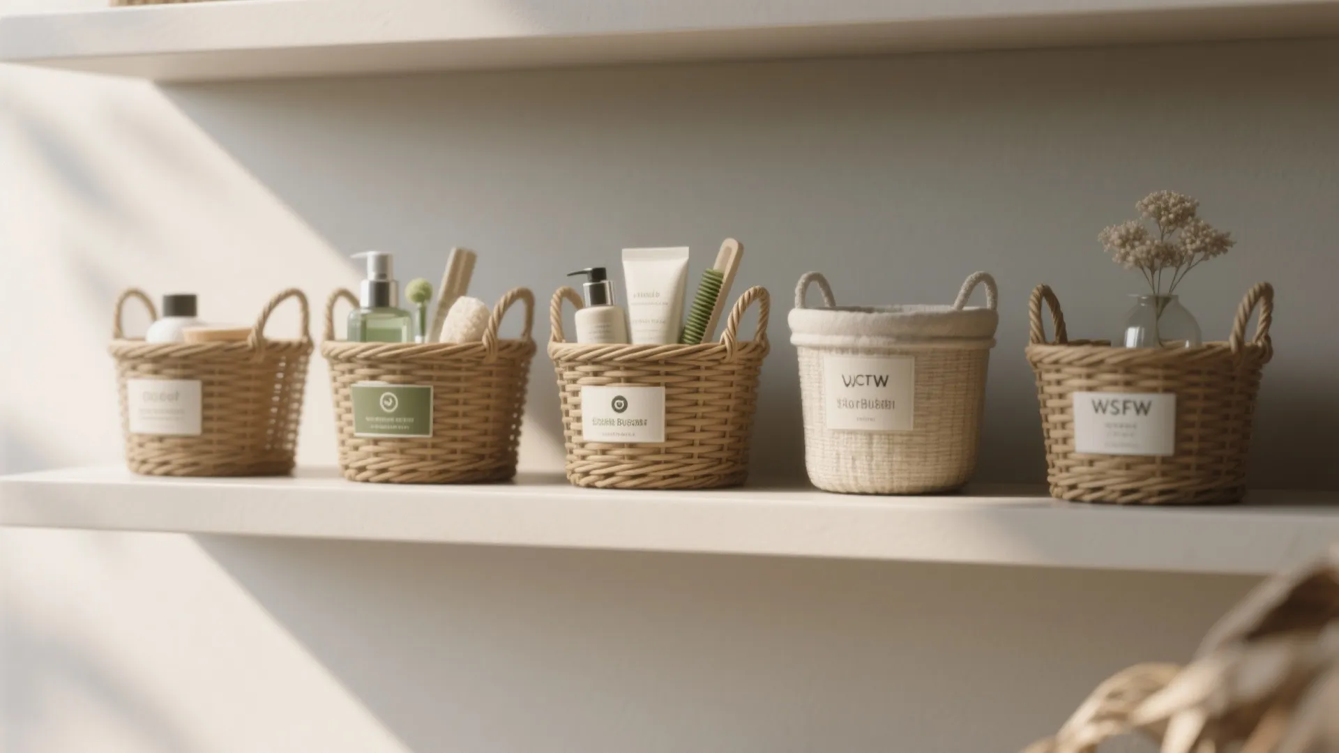 Row of small woven storage baskets on white shelf containing bathroom bottles and cleaning tools set