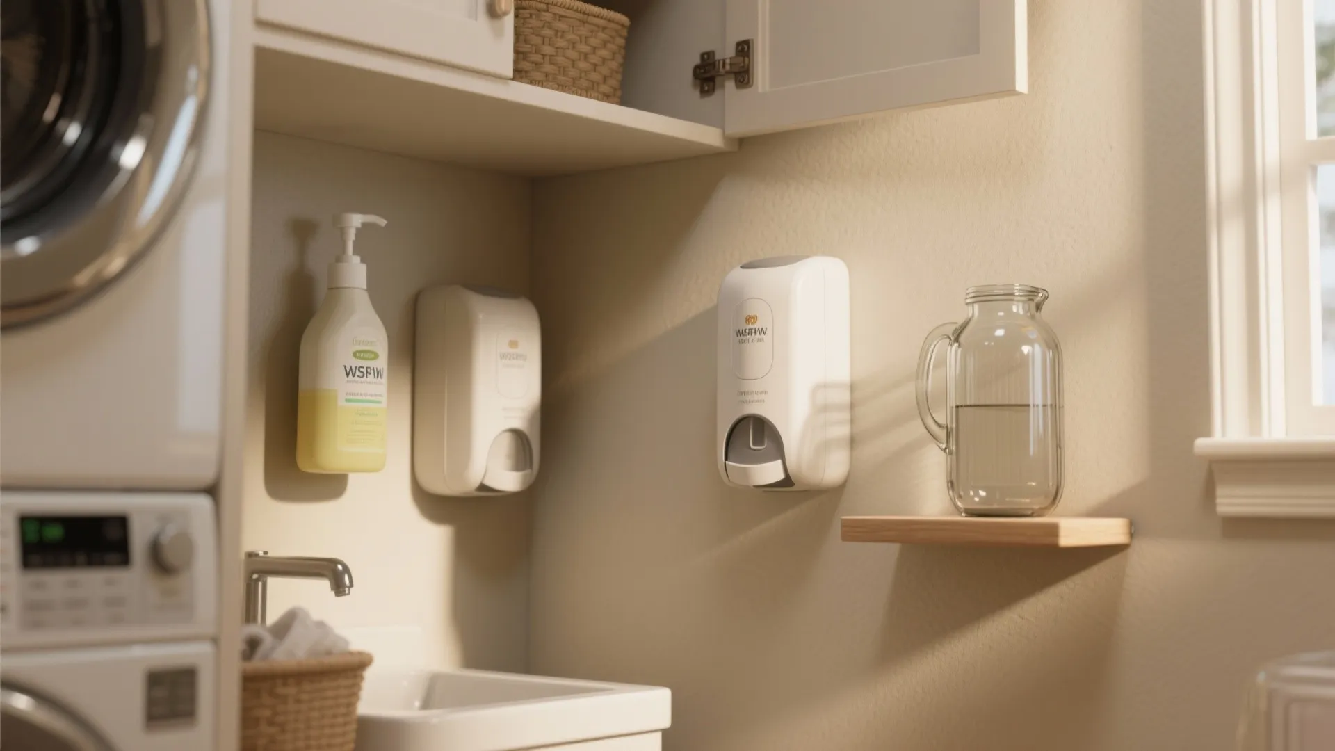 Cohesive laundry vignette showing multiple dispenser options harmonized in a small space