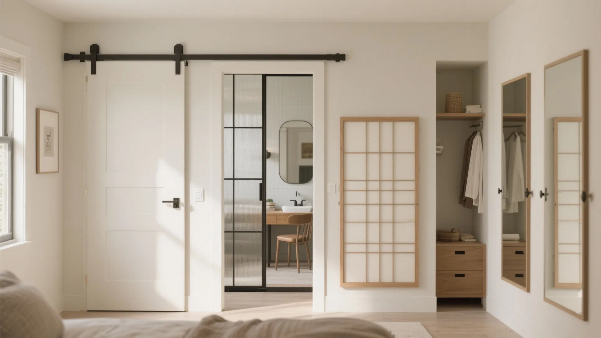 Compact home vignette showing pocket, top-hung, glass barn, shoji, and bypass sliding doors.