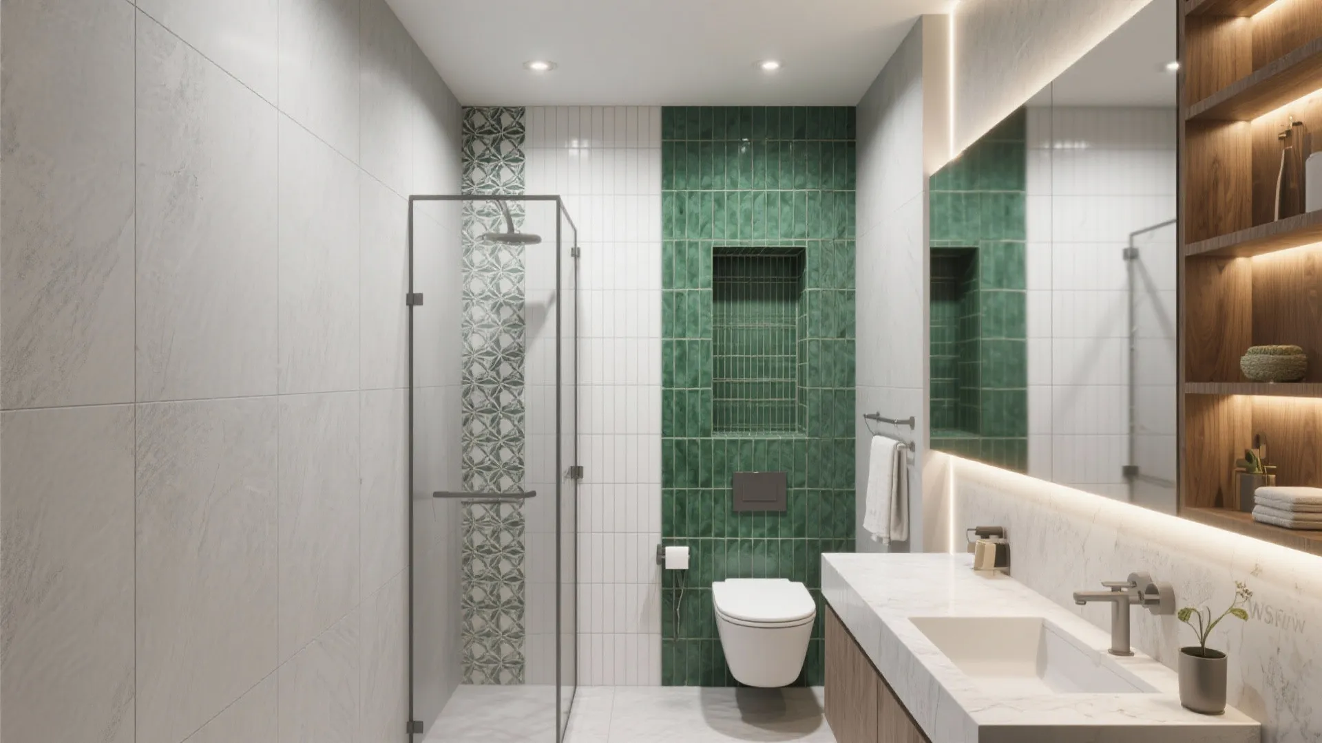 Modern bathroom interior design drawing with green wall tiles plus glass shower and white toilet