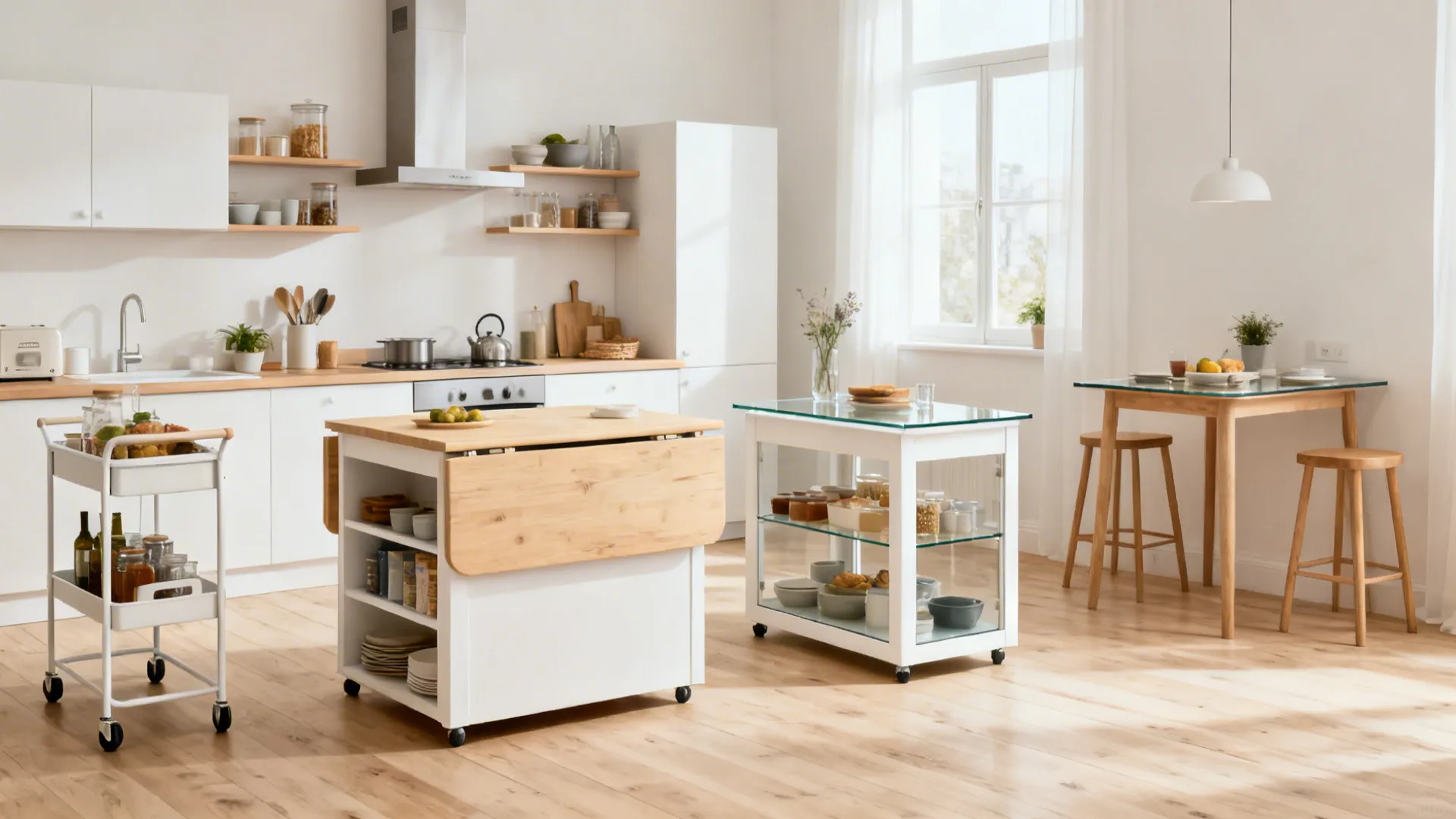 Overview of five small-kitchen island types in a cohesive modern space.