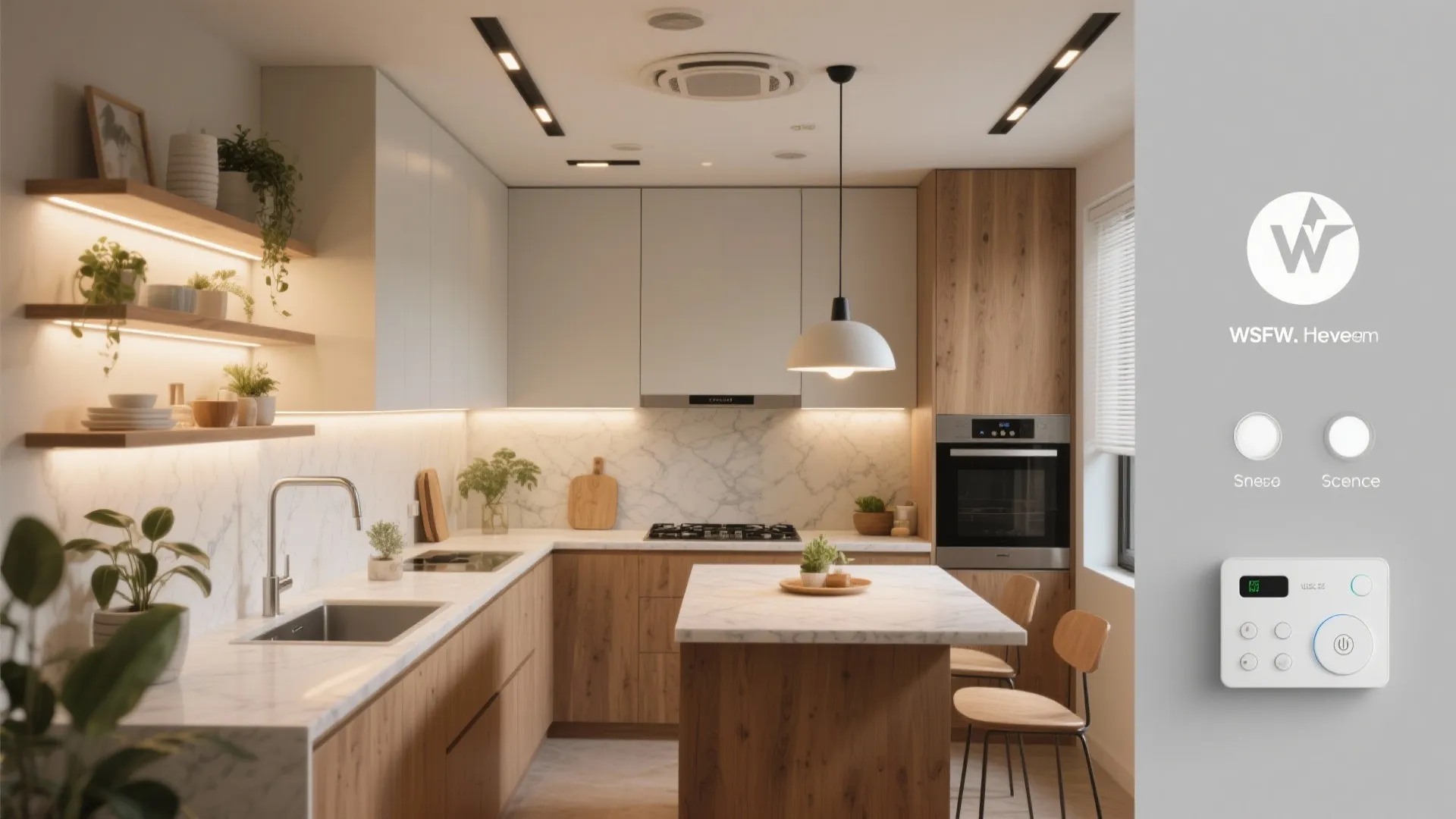 Compact kitchen showcasing layered lights, high-CRI strips, a small pendant, indirect washers, and smart controls.