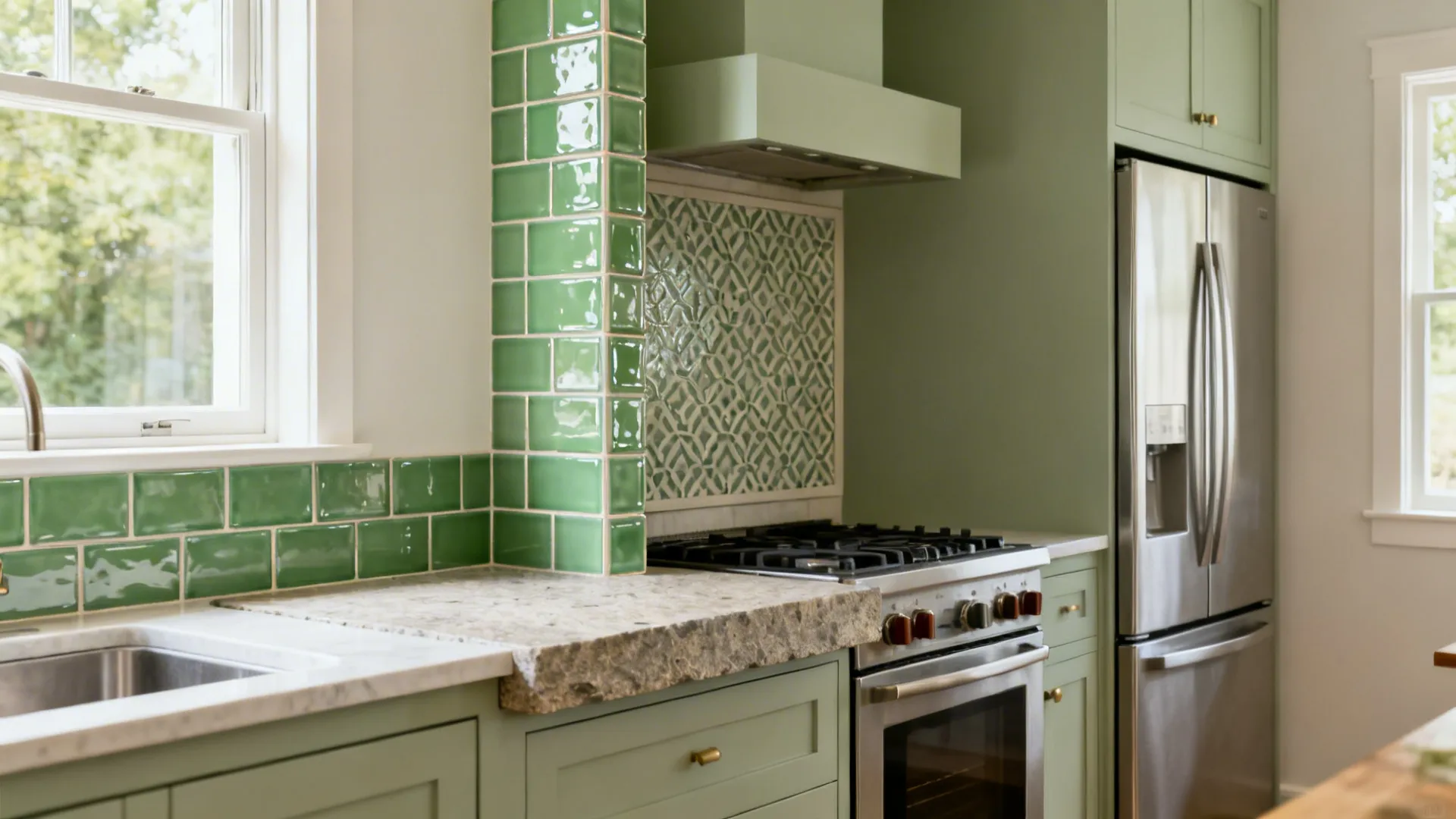 Small kitchen showcasing matte subway, gloss zellige, vertical stack, patterned panel, and slab backsplash in one cohesive scene.