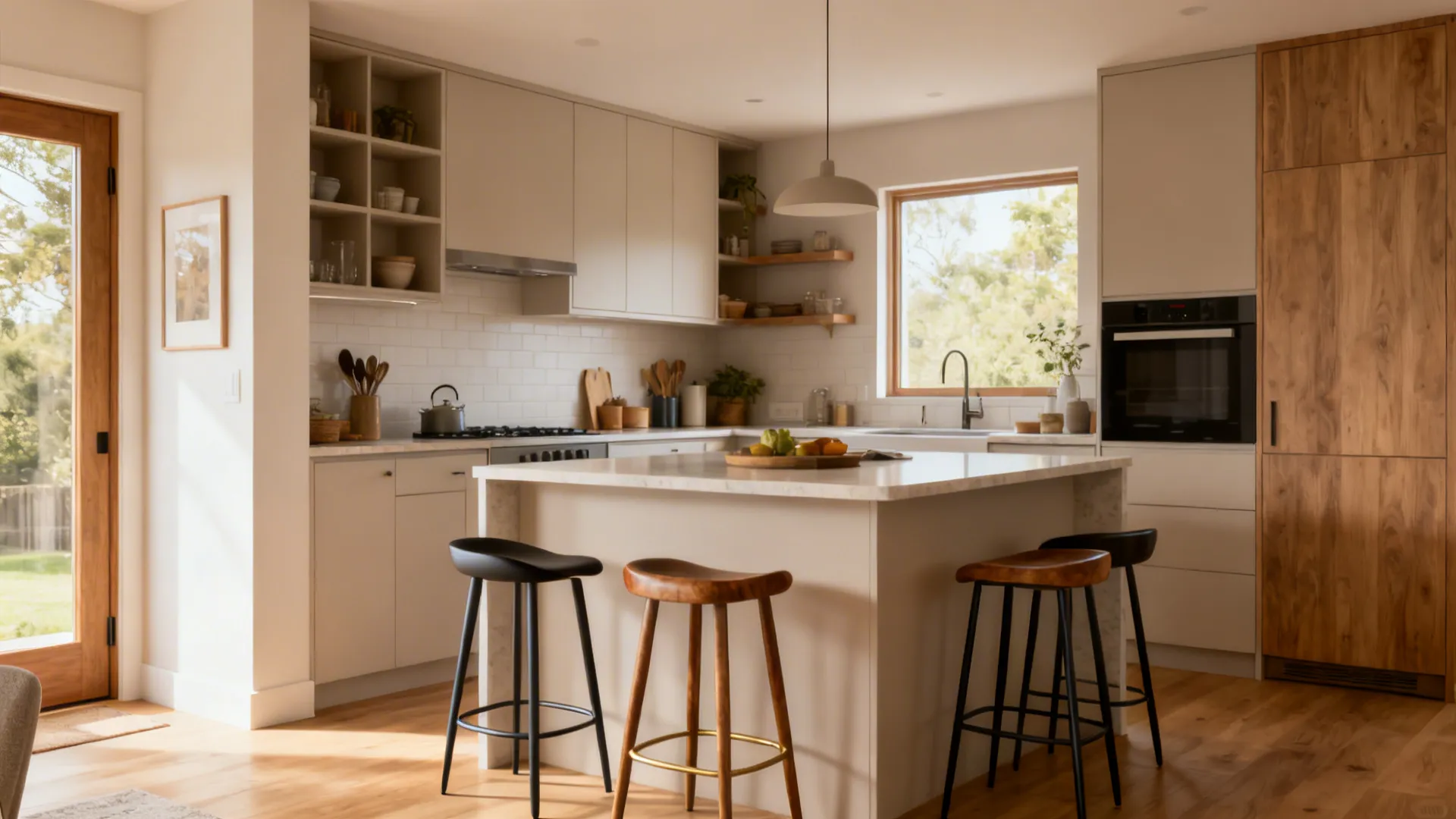 A compact modern kitchen with ergonomic, slim mixed-material stools under soft daylight.