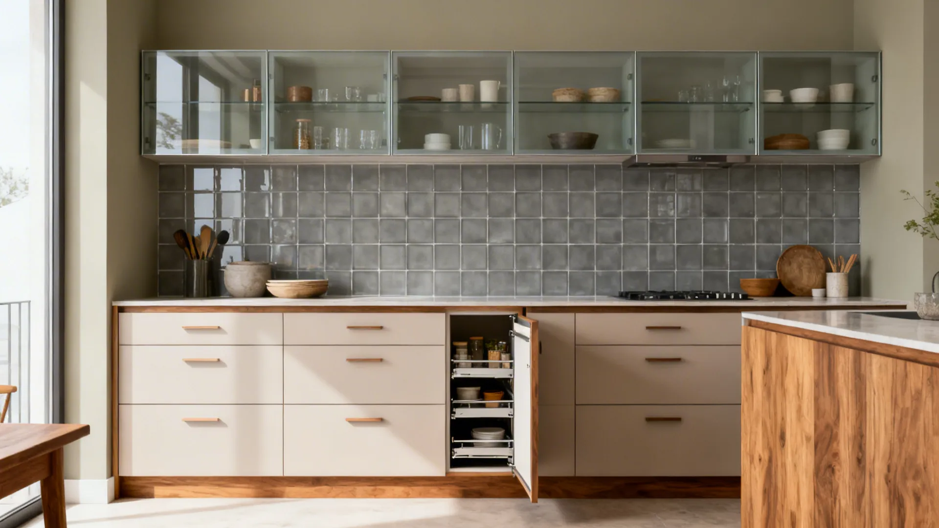 Modern small kitchen summarizing ideas: full-height greige wall, glass uppers, oak bases, drawers, and a slim pullout pantry.