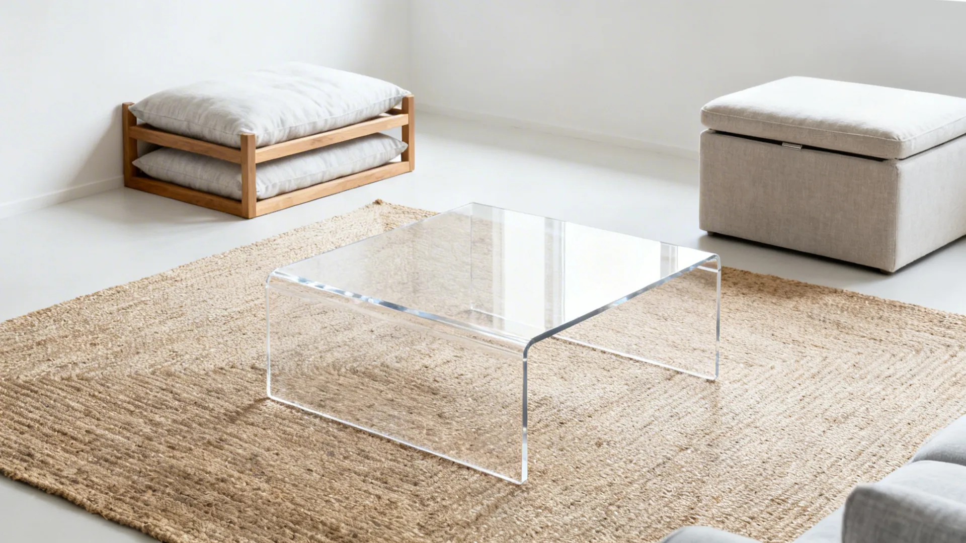 Clean small living room with acrylic, nesting, and ottoman coffee table options in a cohesive scene.