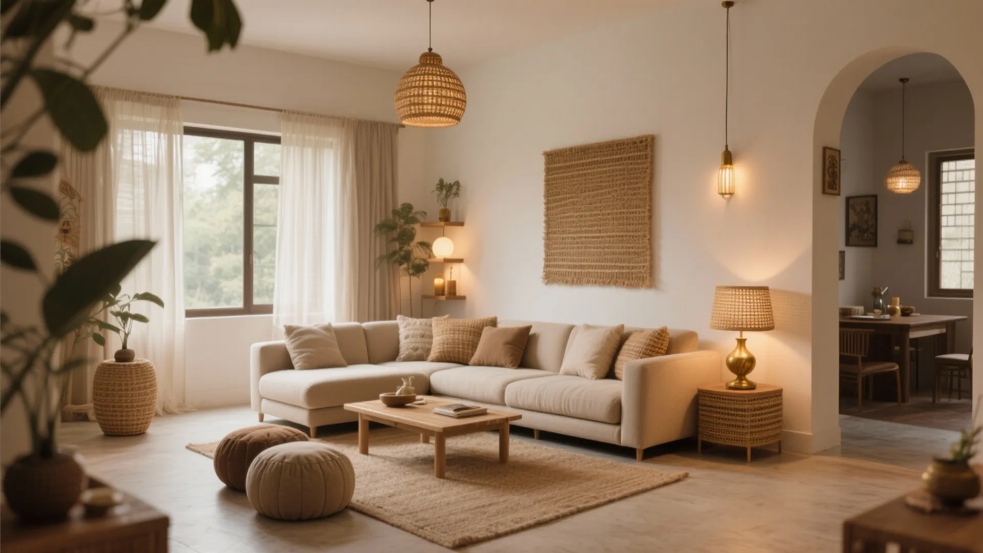 Bohemian living room with cream sofa wooden coffee table woven ceiling light and round footrests