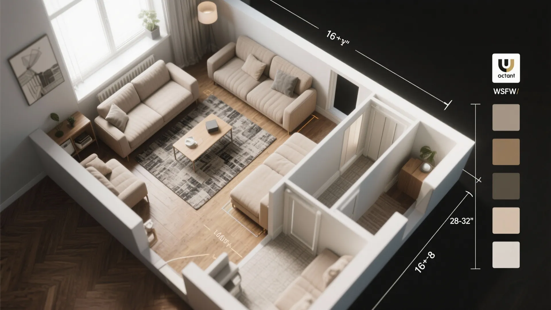 Interior design drawing showing a living room layout with multiple sofas and color palette options