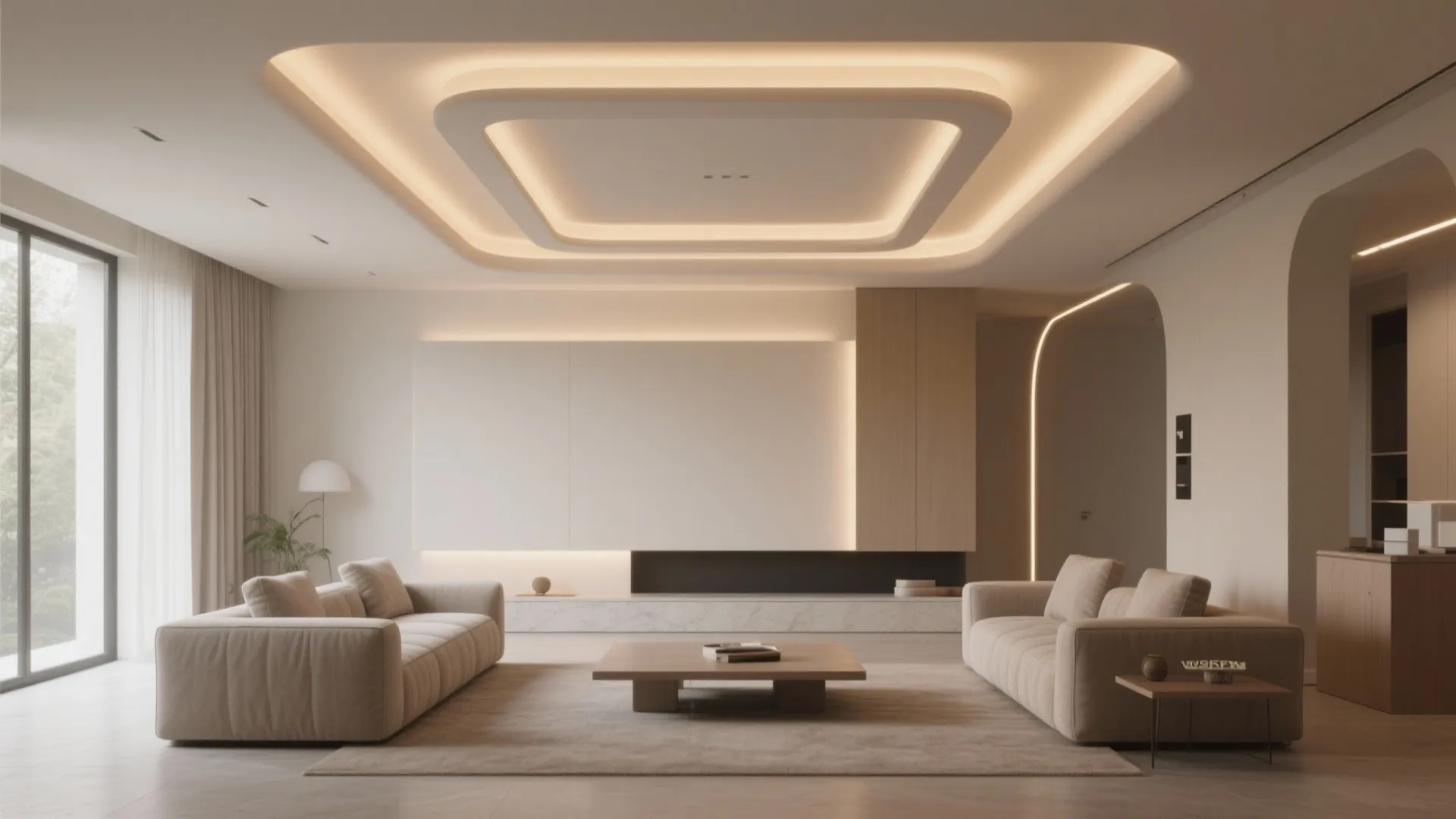 Square hall showcasing a cohesive POP ceiling with cove, layered square, central island, and gentle curves.