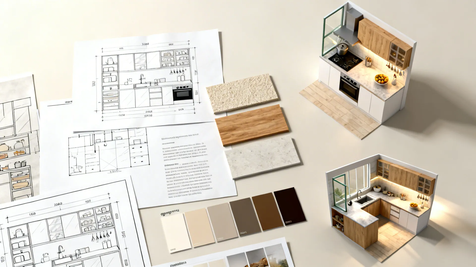 Top-down storyboard showing layout, storage, materials, ergonomics, and final 3D thumbnails.