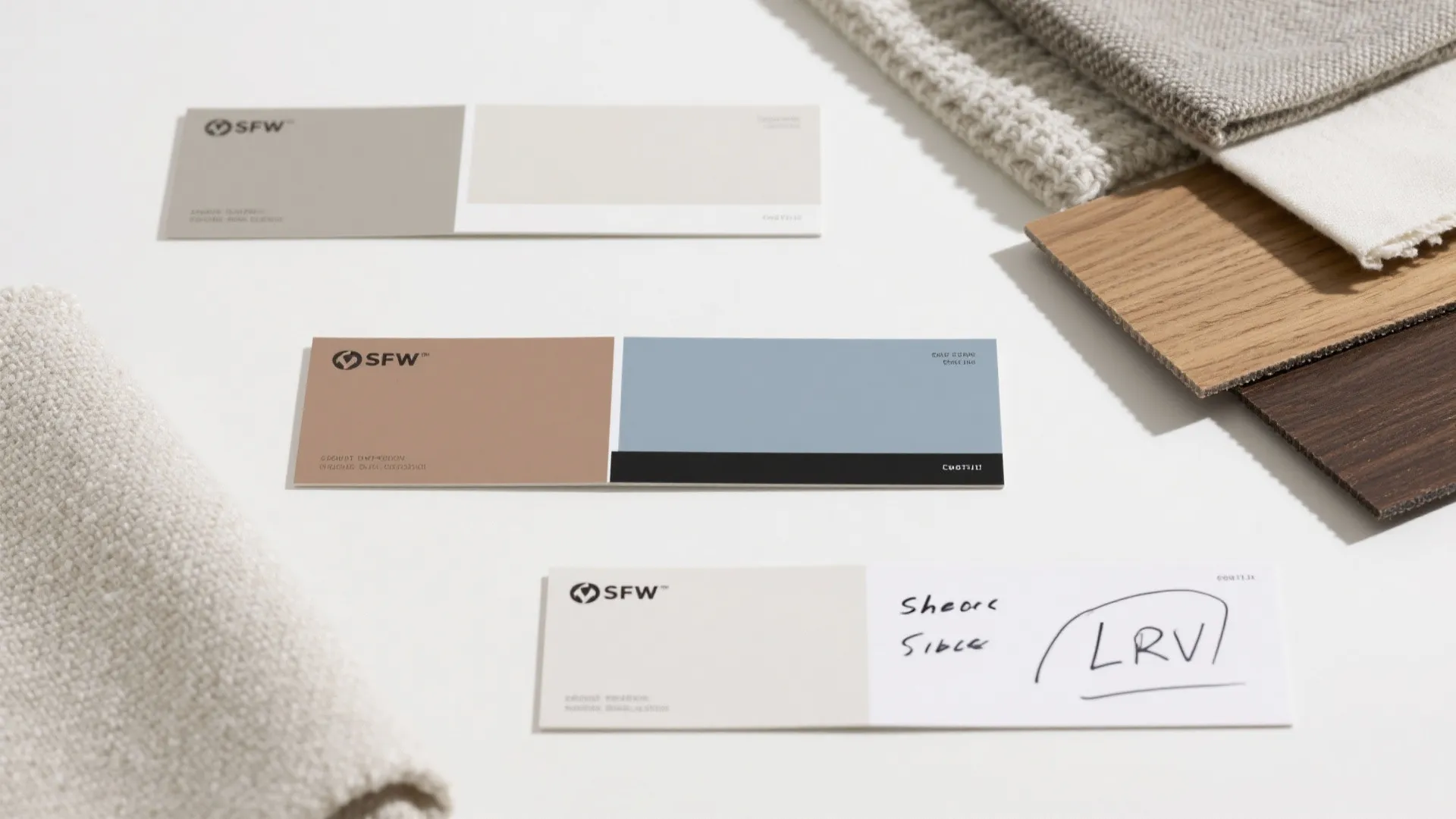 Interior design material board with paint color swatches wood flooring samples and grey fabric pieces