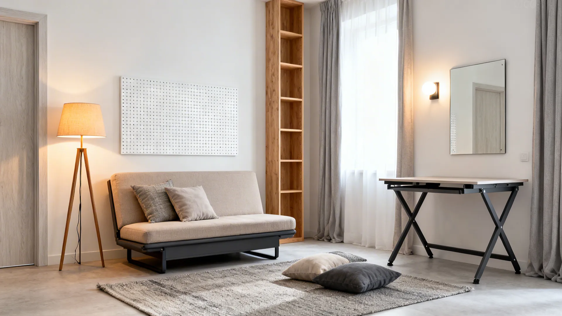 Wide view of a small studio with neutral palette, storage furniture, vertical shelves, layered light, and soft textiles.