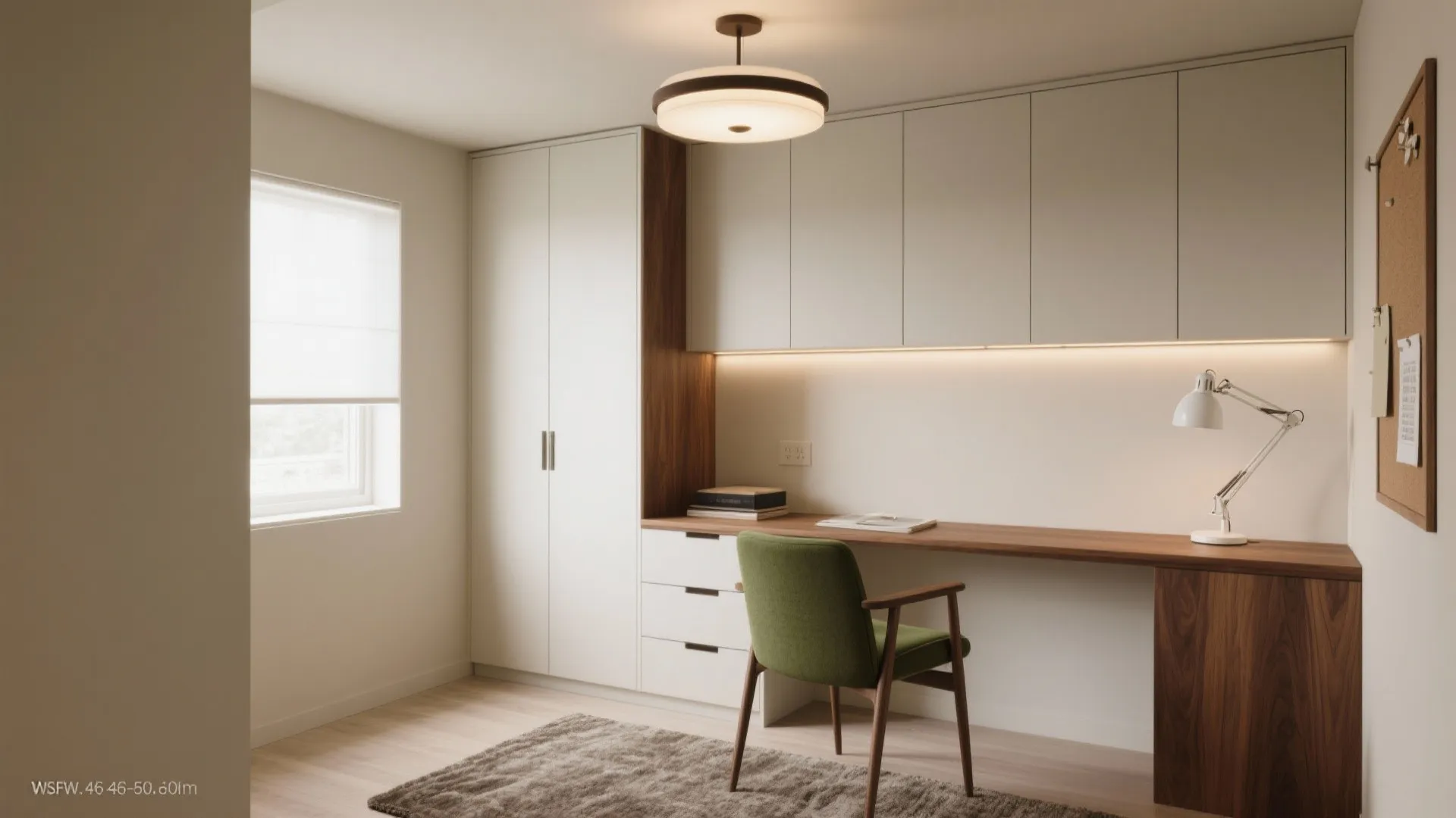 Modern home office with white wardrobe wooden desk green chair white desk lamp and ceiling light
